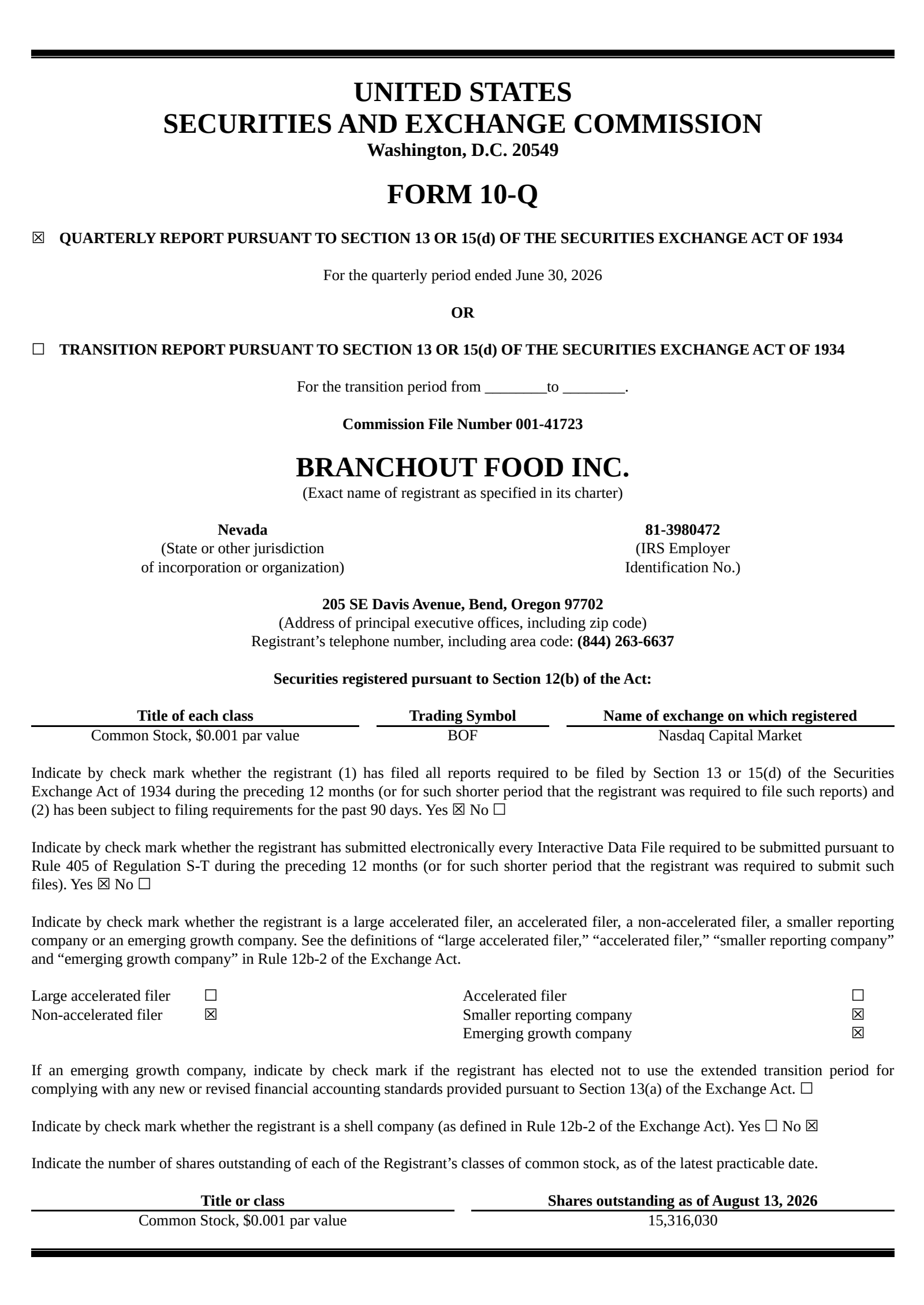 BranchOut Food's Q2 2026 Quarterly report