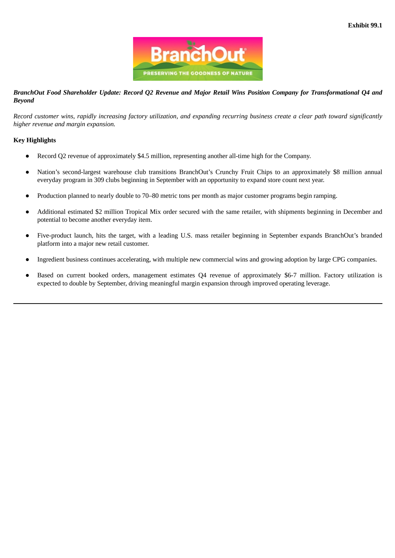 BranchOut Food's Q2 2026 Press Release