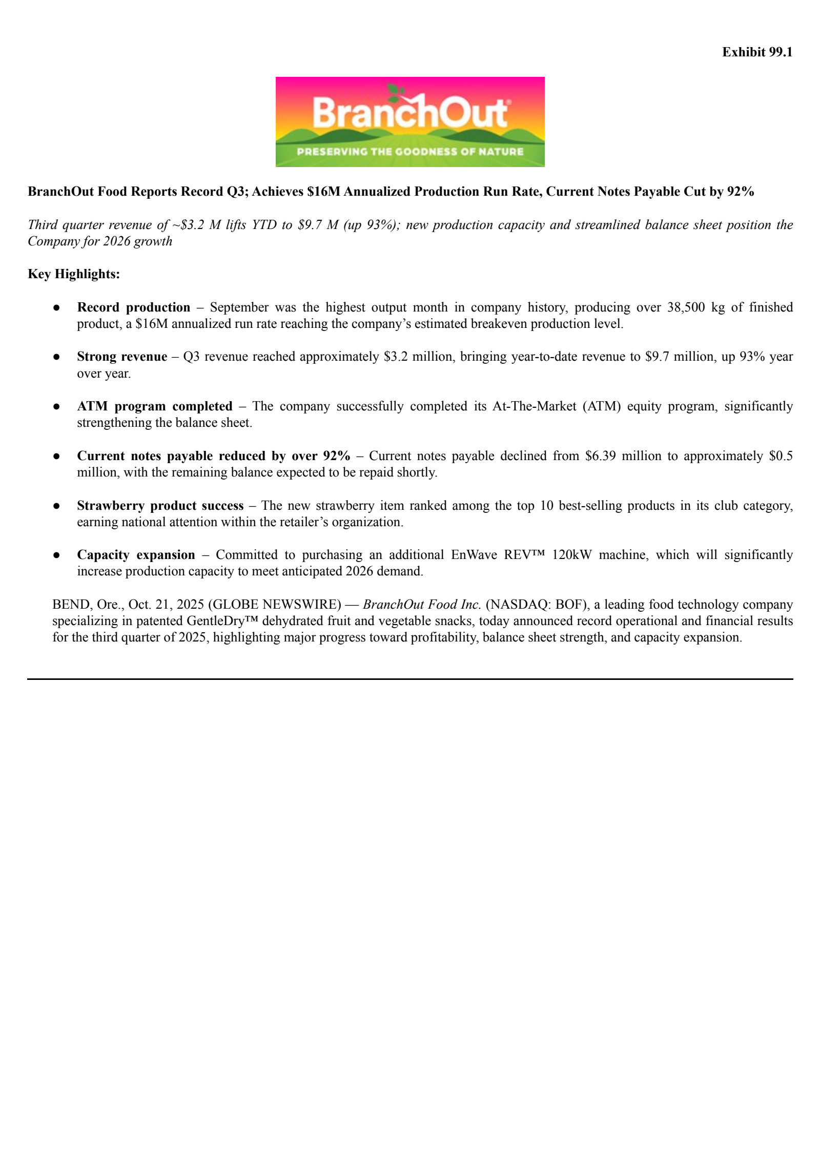 BranchOut Food's Q3 2025 Earnings Release