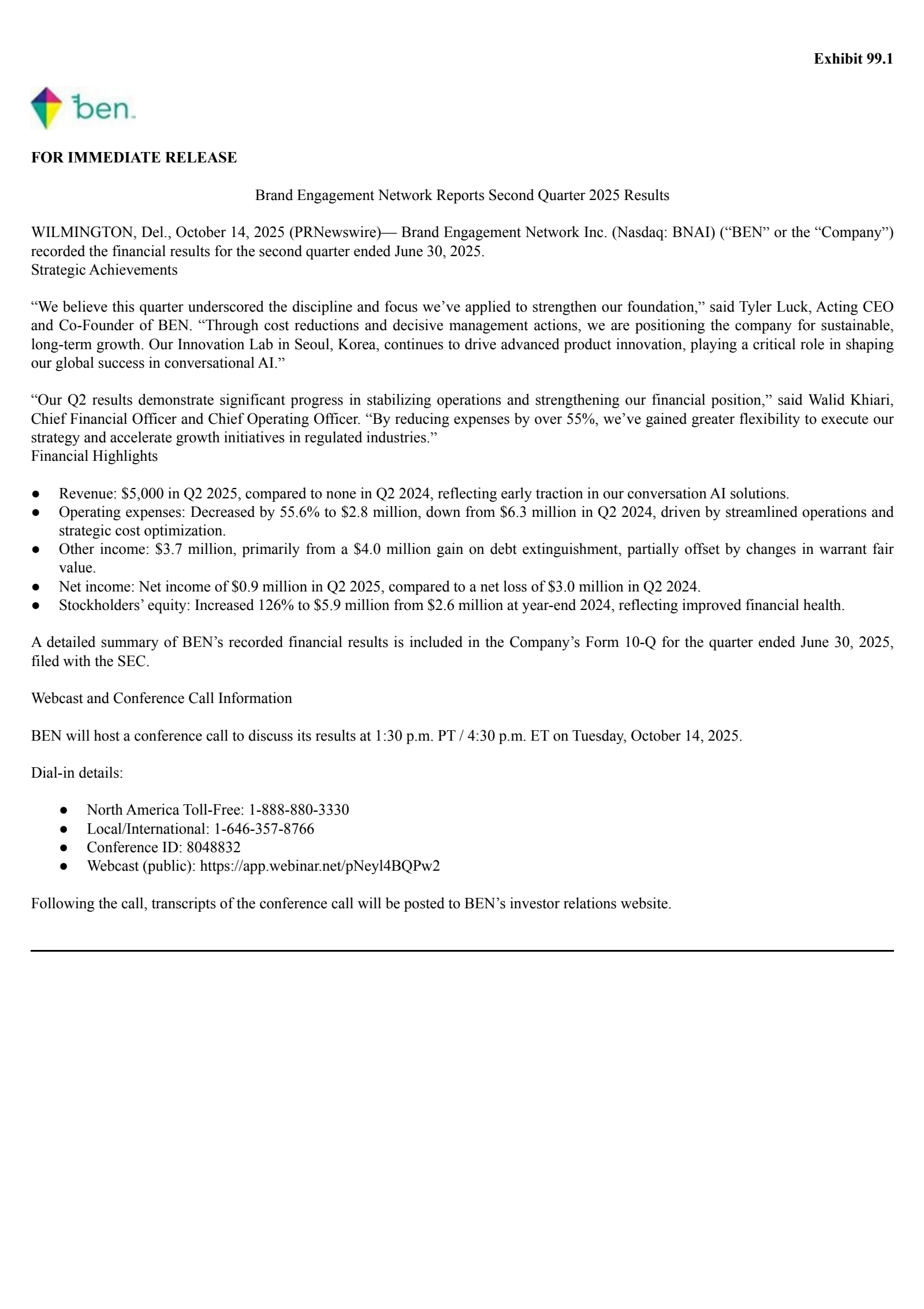 Brand Engagement Network's Q2 2025 Earnings Release