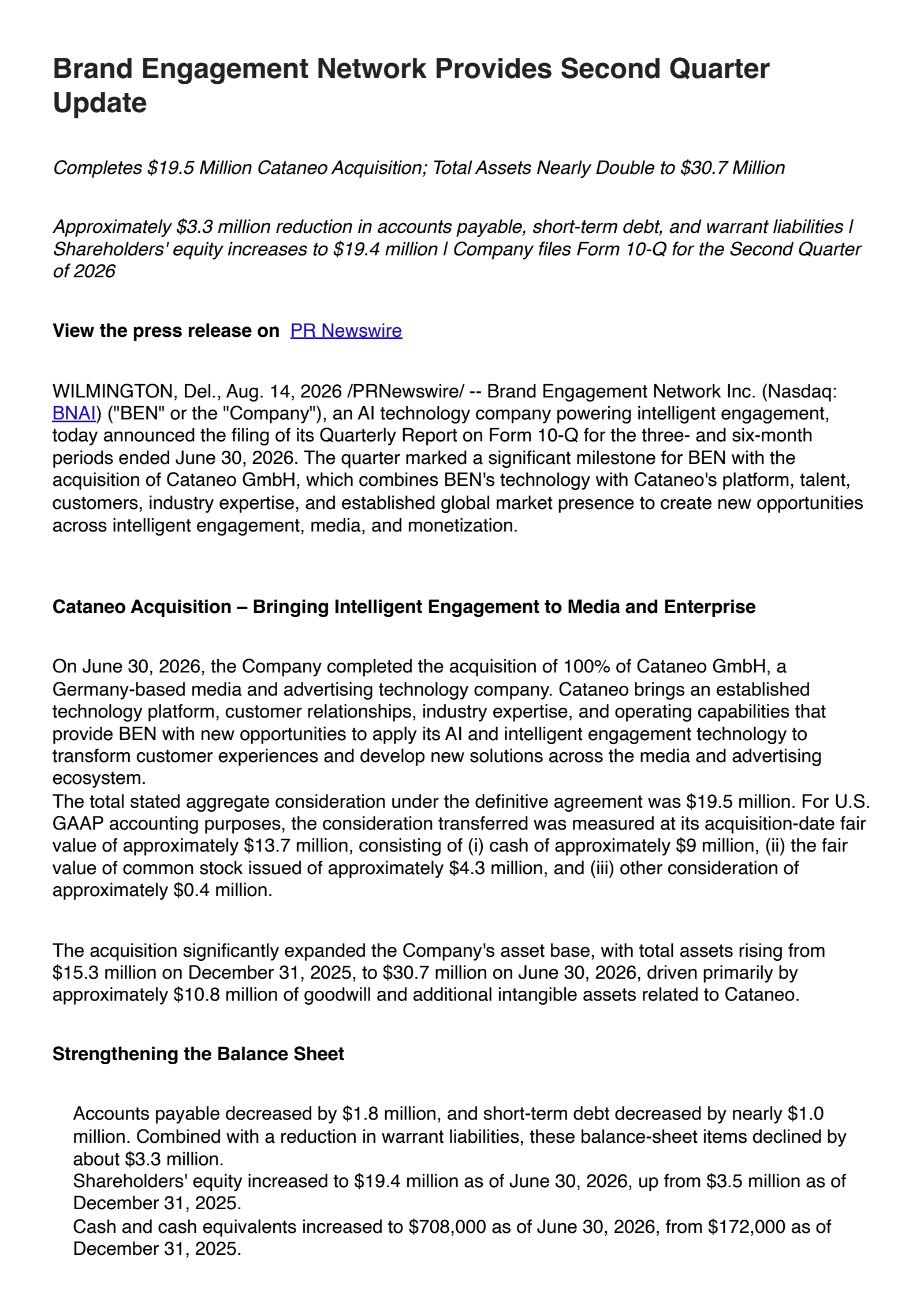 Brand Engagement Network's Q2 2026 Press Release