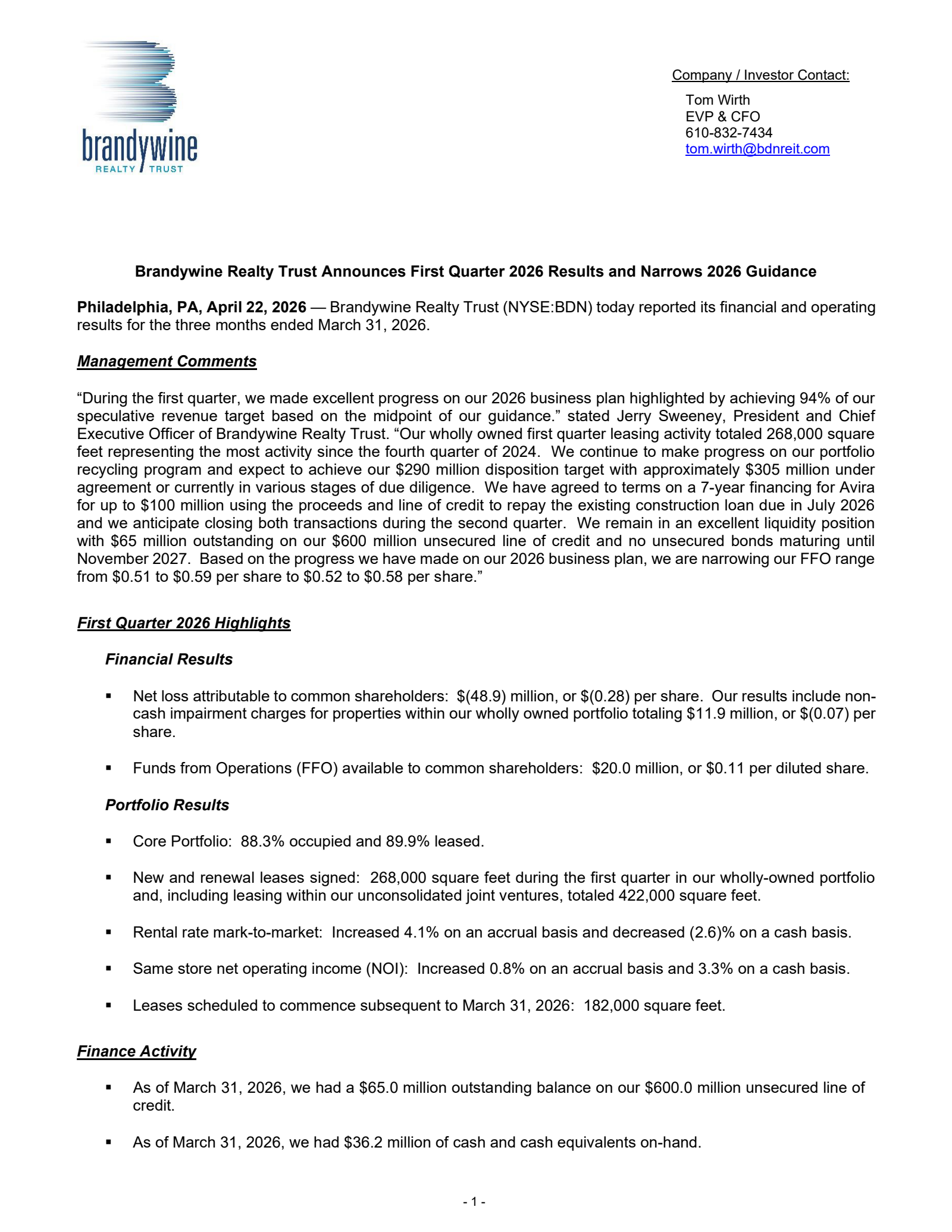 Brandywine Realty Trust's Q1 2026 Press Release