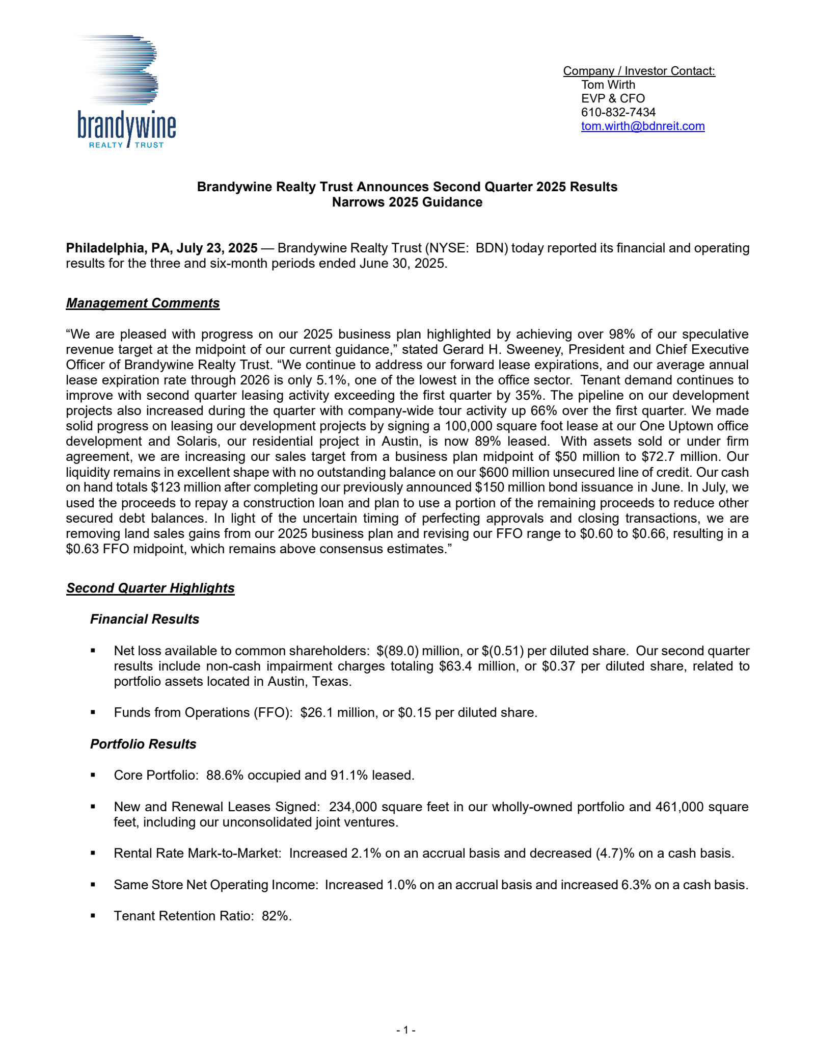Brandywine Realty Trust's Q2 2025 Press Release