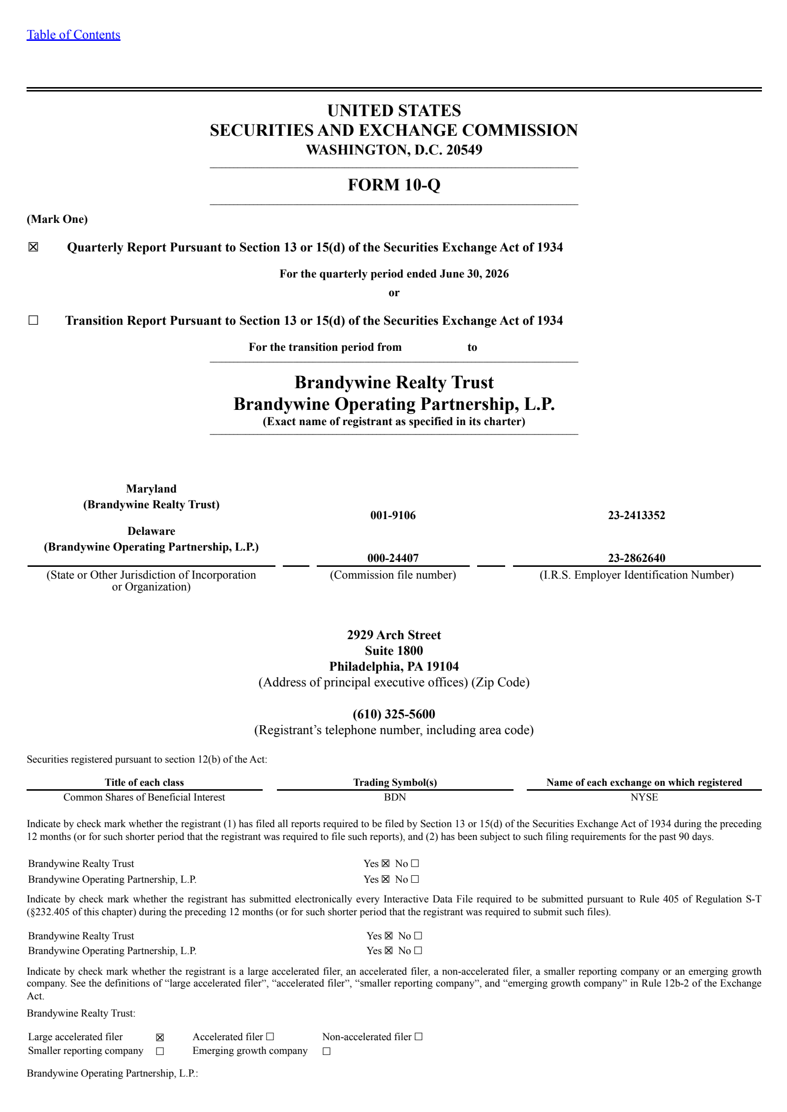Brandywine Realty Trust's Q2 2026 Quarterly report