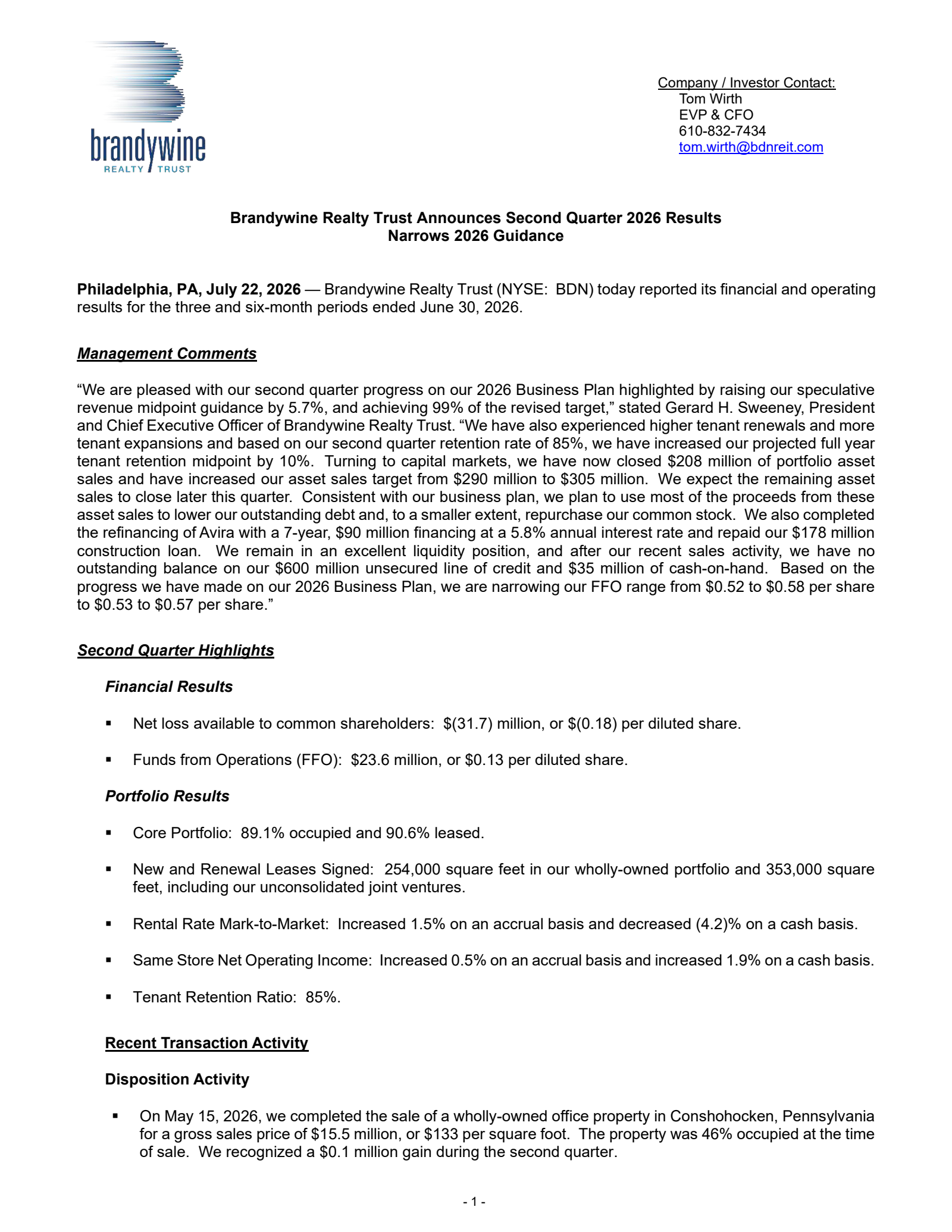 Brandywine Realty Trust's Q2 2026 Press Release