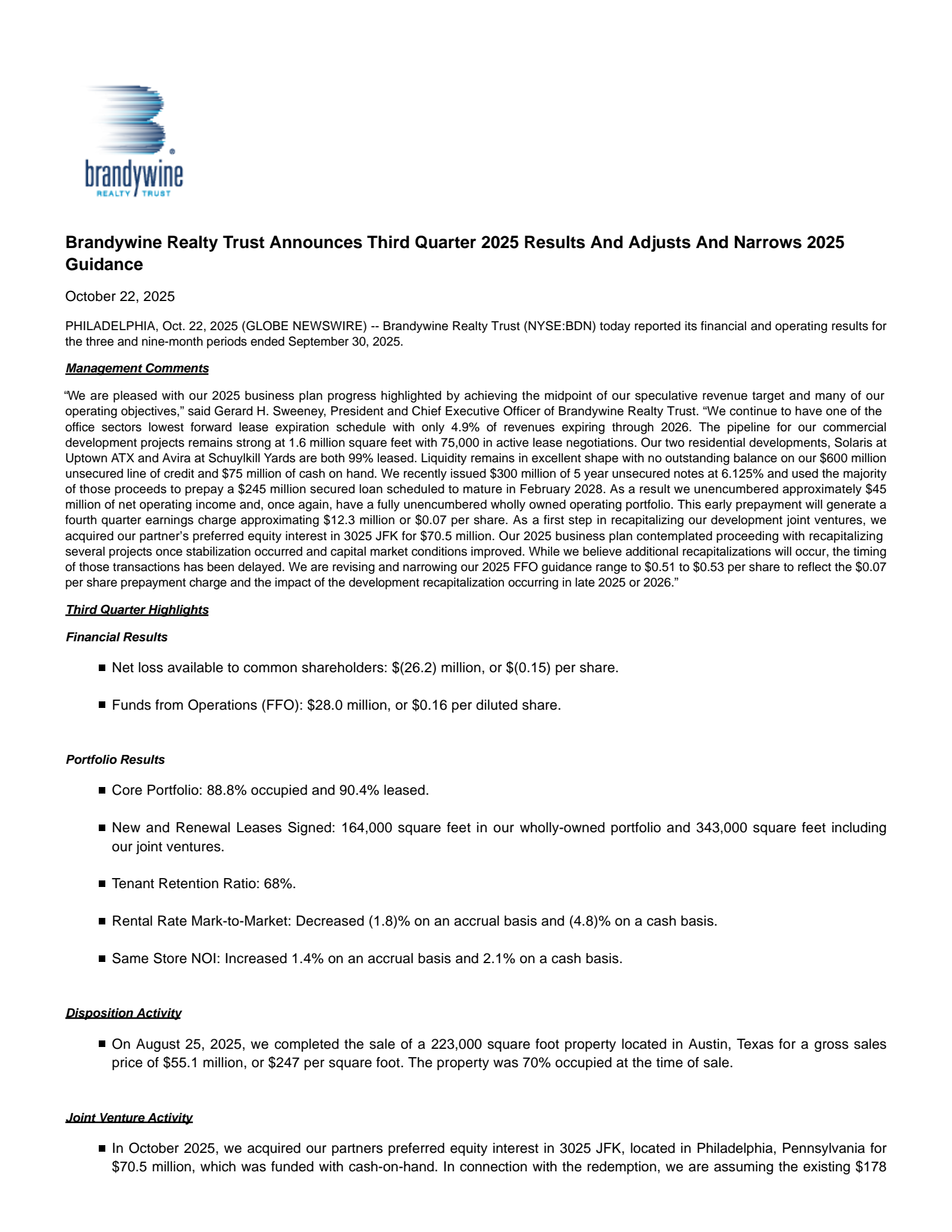Brandywine Realty Trust's Q3 2025 Earnings Release