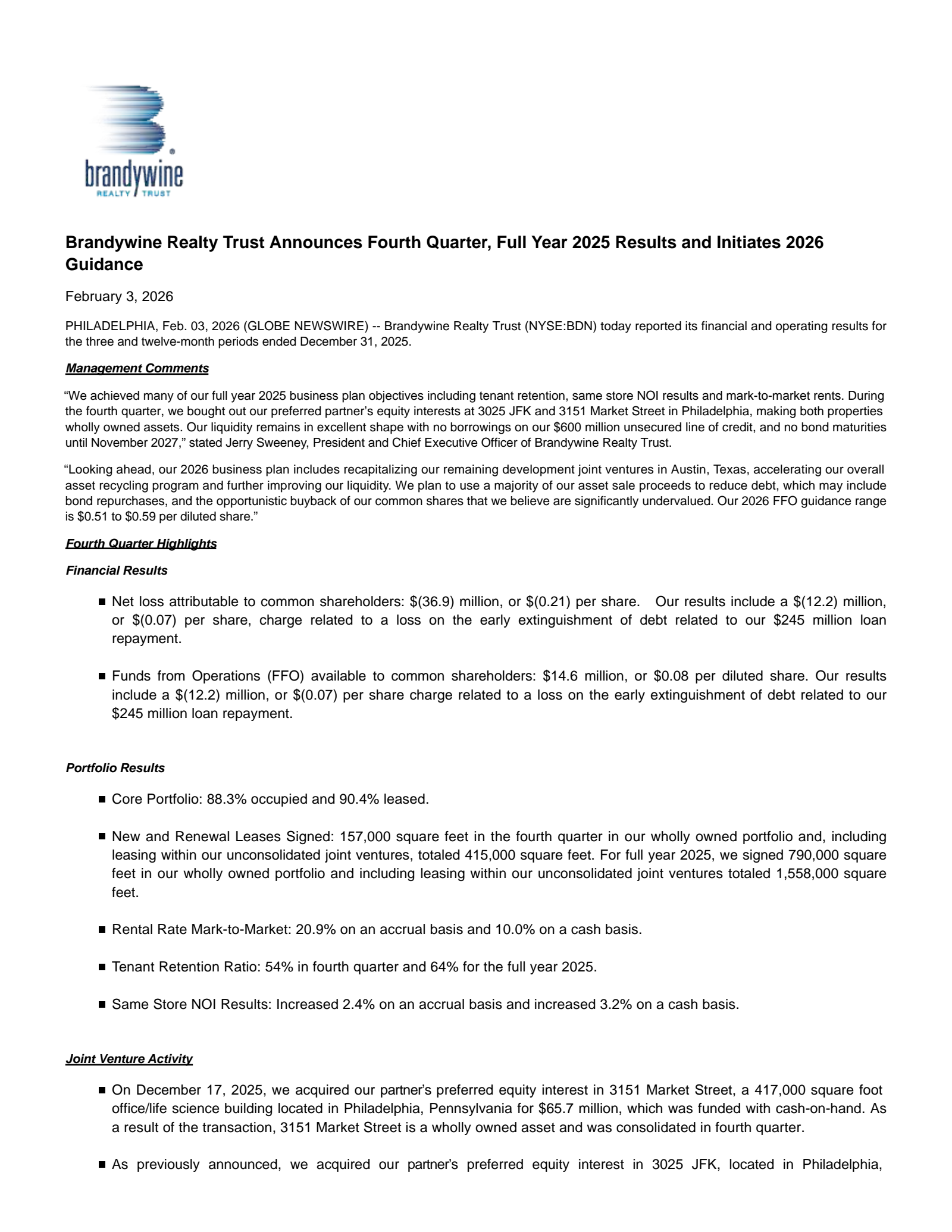 Brandywine Realty Trust's Q4 2025 Press Release