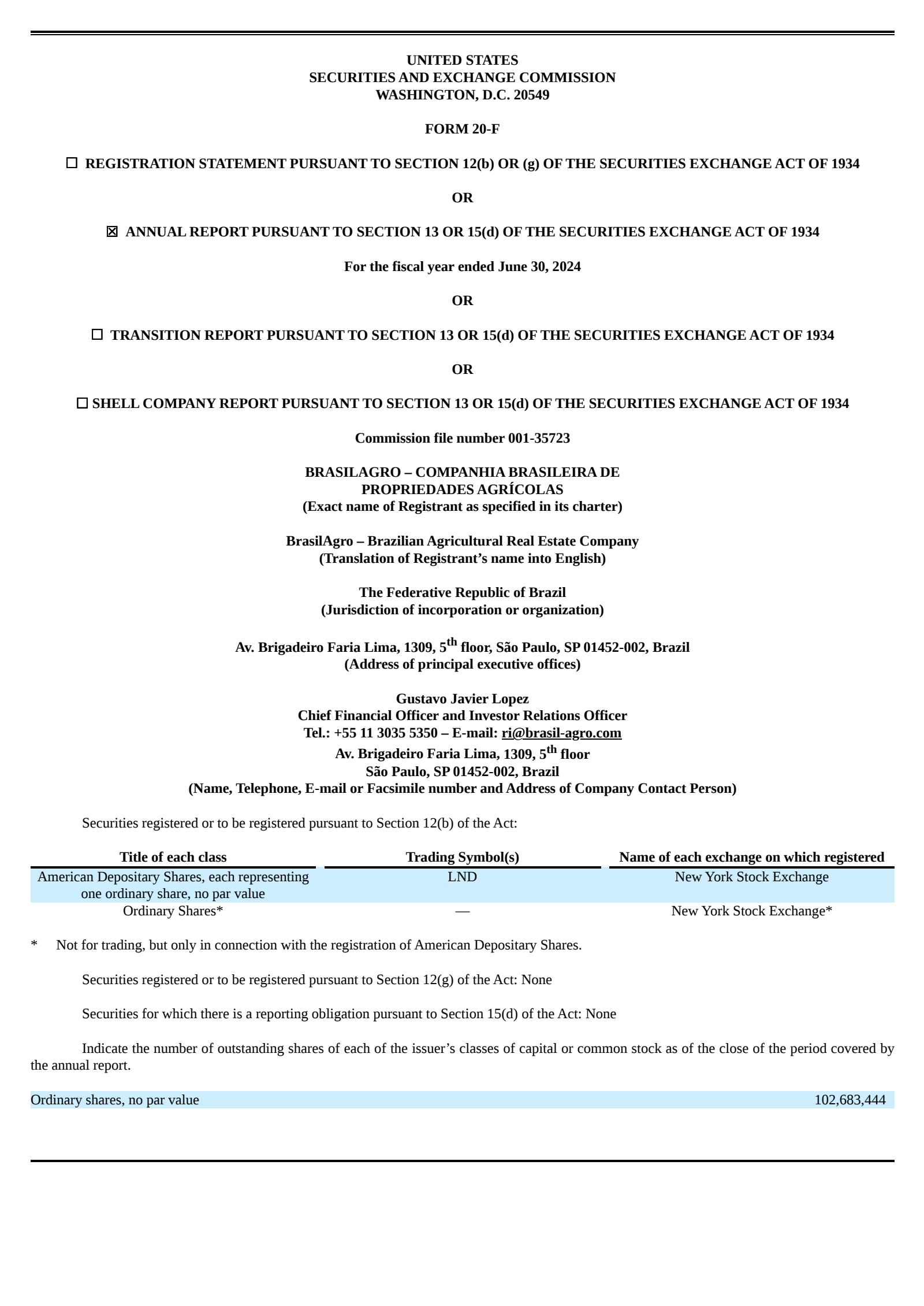 Brasilagro Cia Brasileira De Propriedades Agricolas' Q4 2024 Annual report