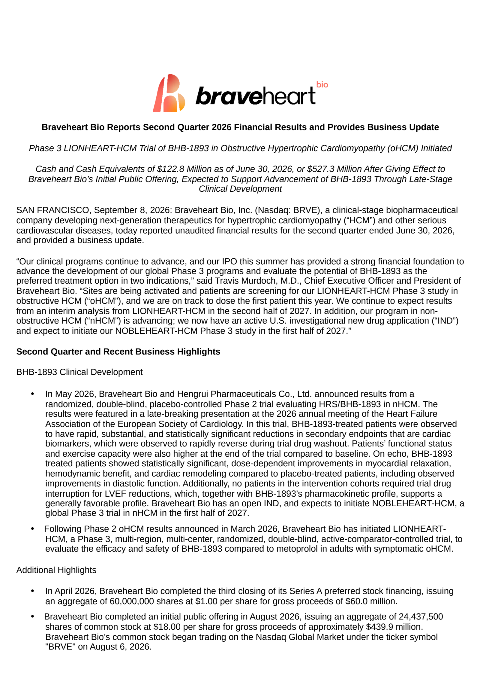 Braveheart Bio's Q2 2026 Press Release