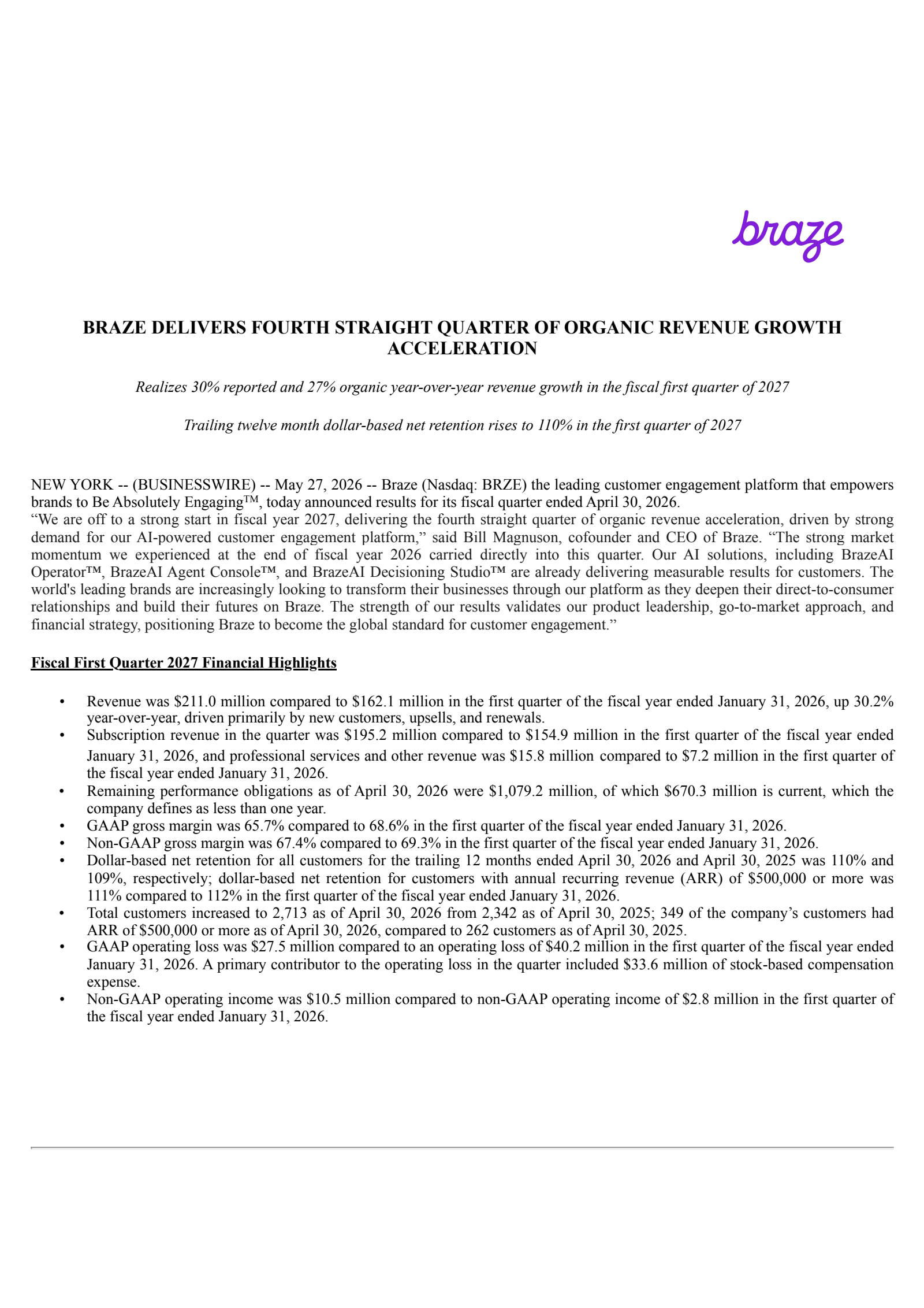 Braze's Q1 2027 Press Release