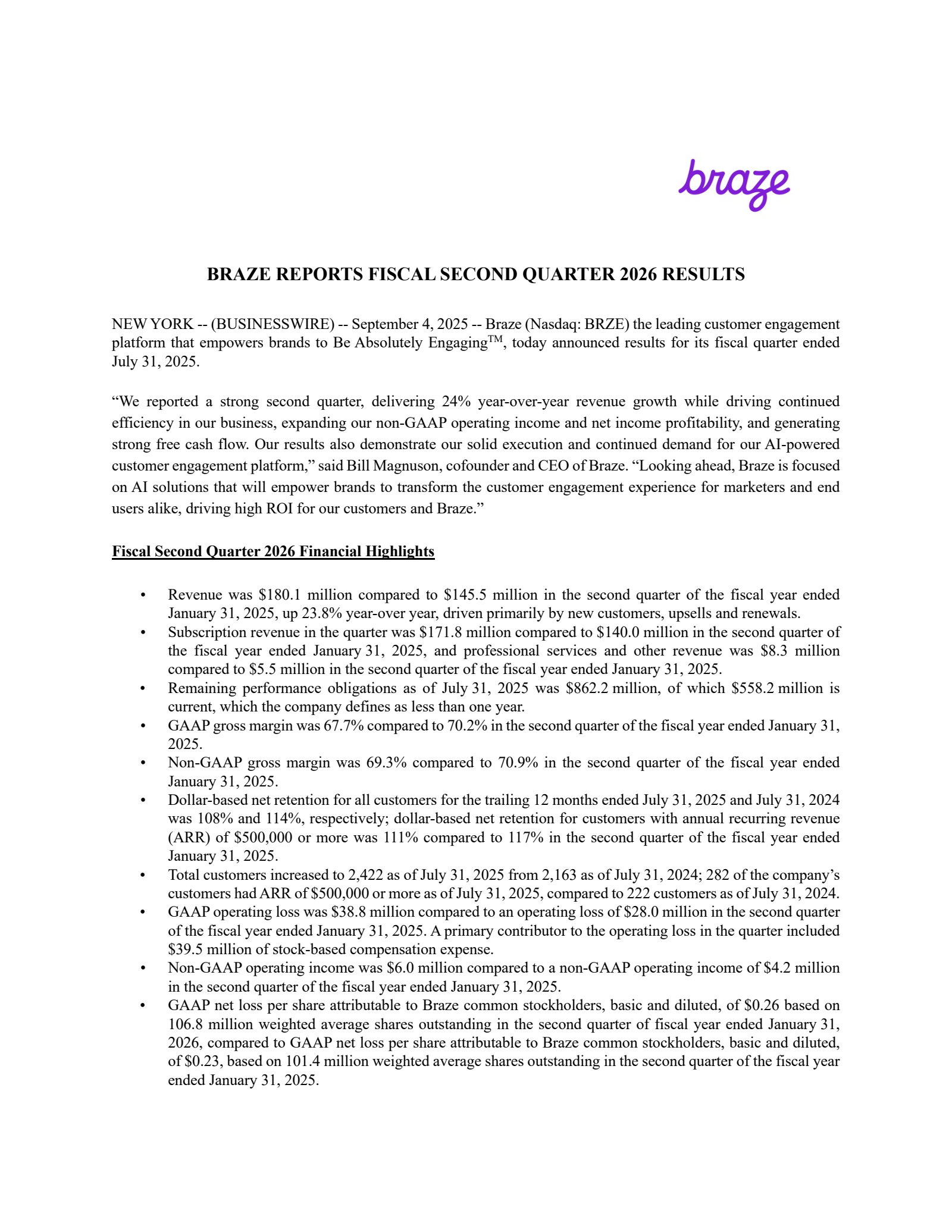 Braze's Q2 2026 Press Release