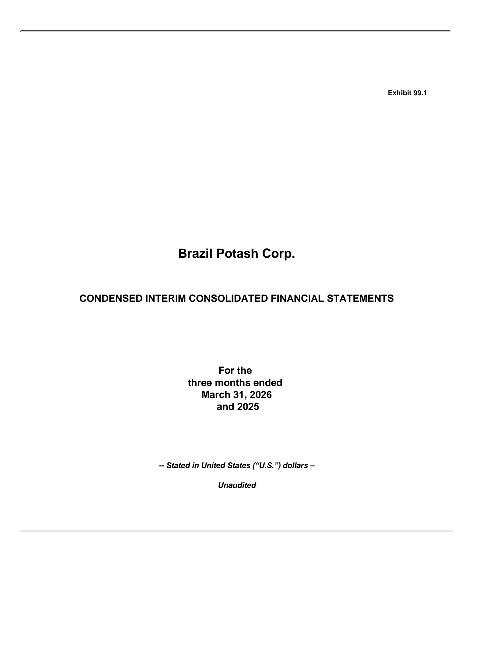 Brazil Potash's Q1 2026 Press Release