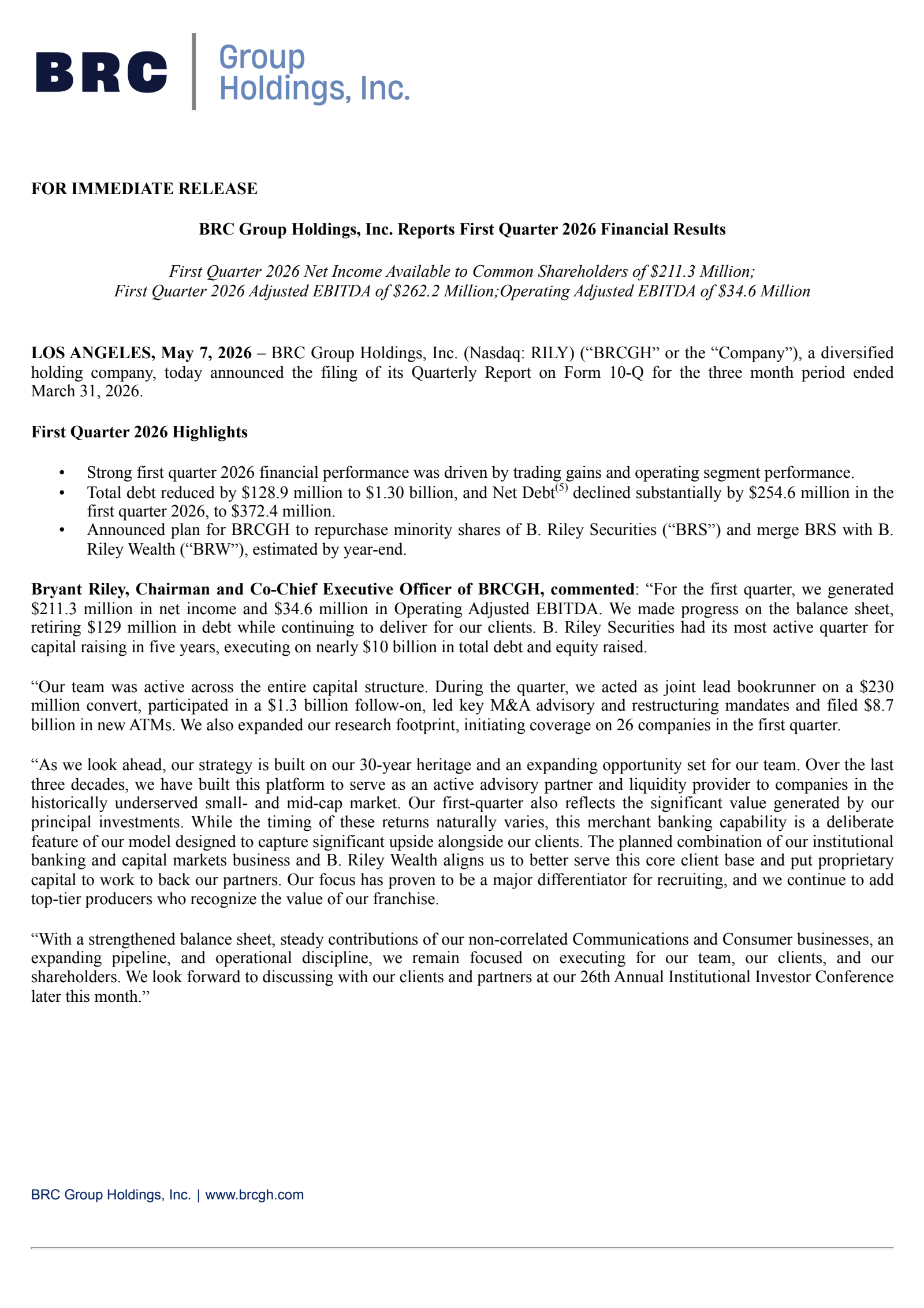 B. Riley Financial's Q1 2026 Press Release
