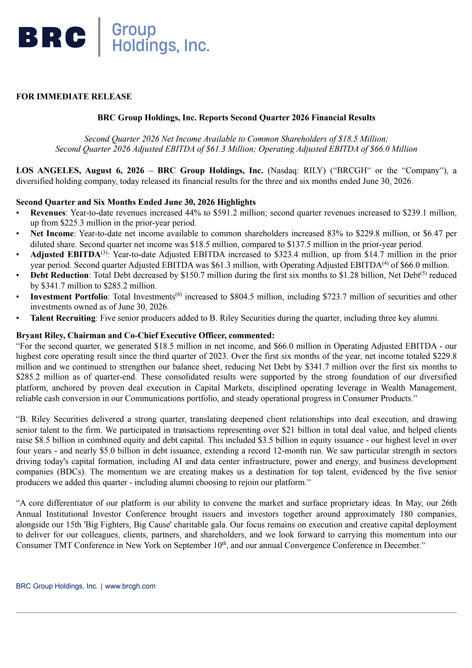 B. Riley Financial's Q2 2026 Press Release