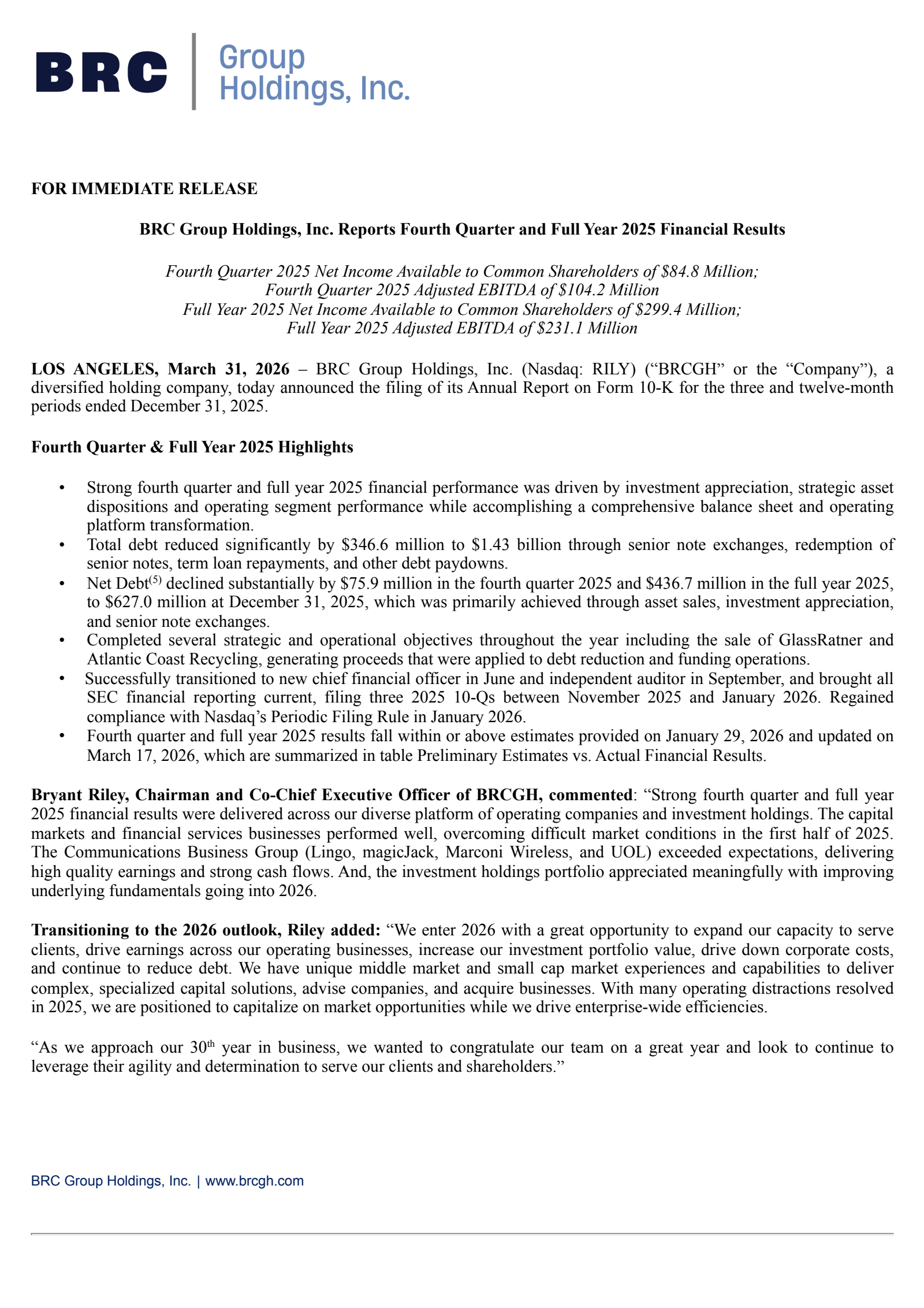 B. Riley Financial's Q4 2025 Press Release