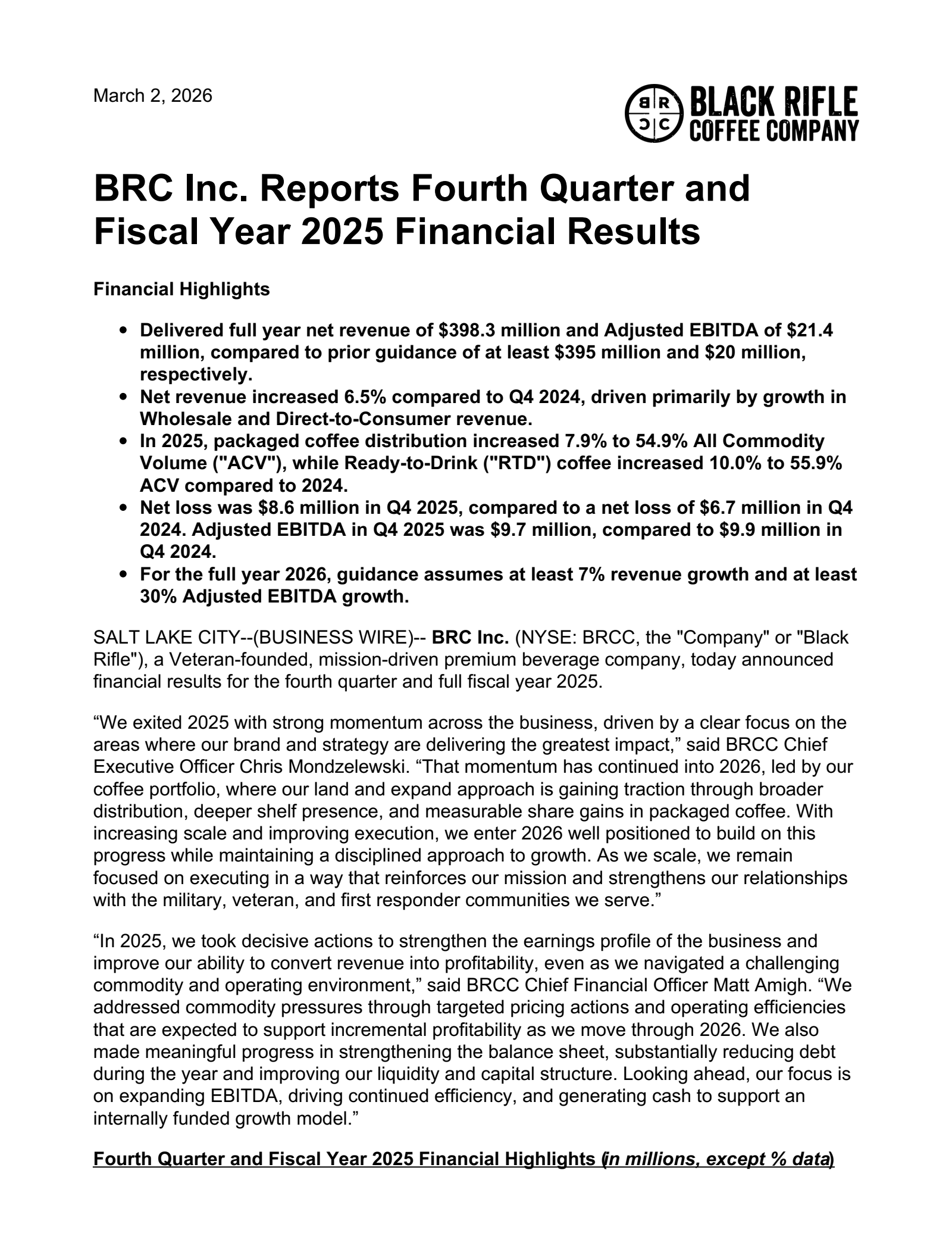 BRC's Q4 2025 Press Release