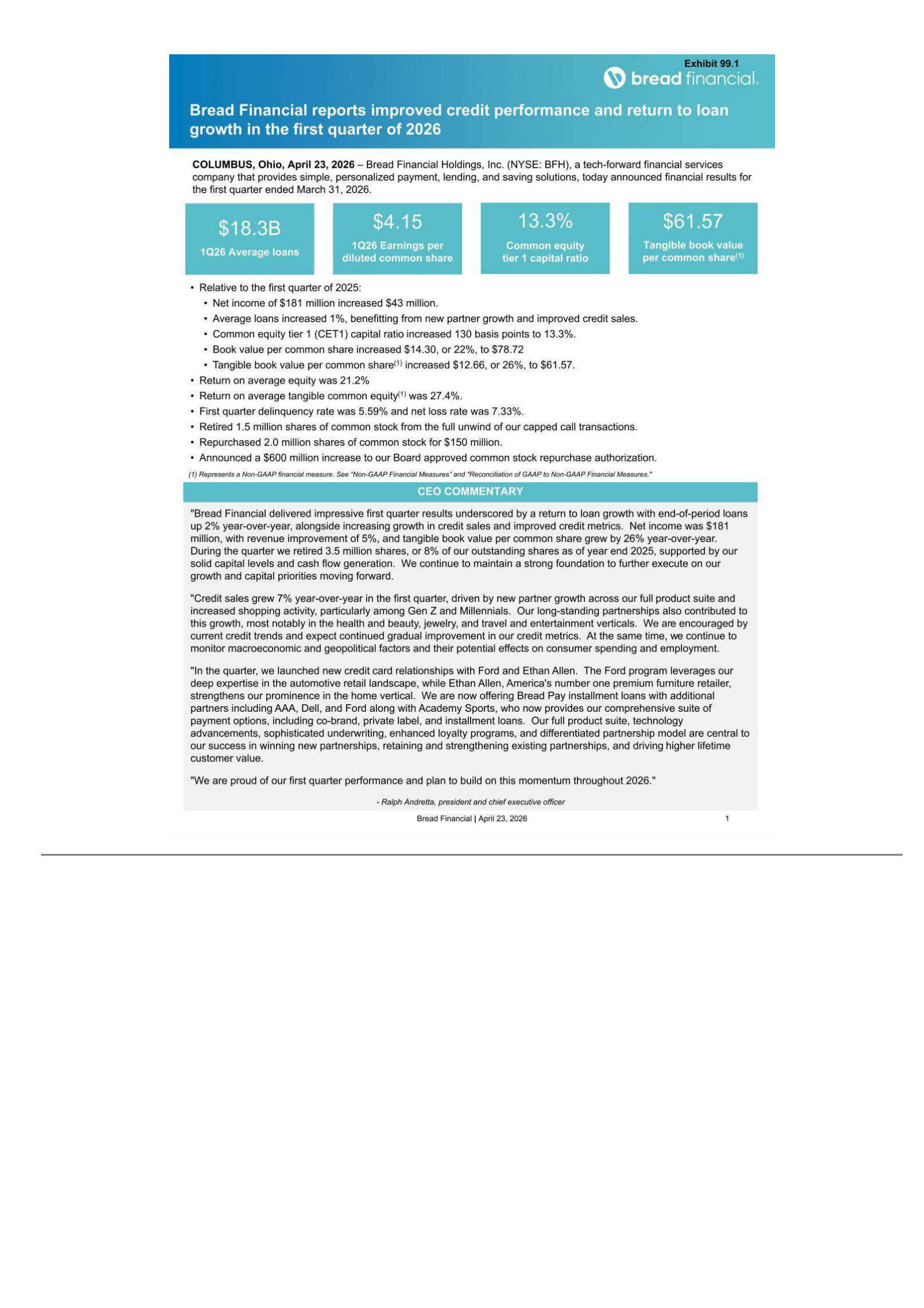 Bread Financial's Q1 2026 Press Release