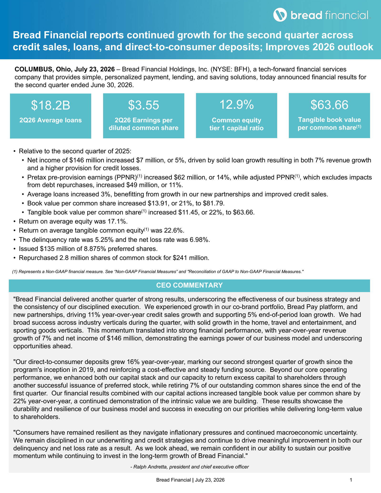 Bread Financial's Q2 2026 Press Release