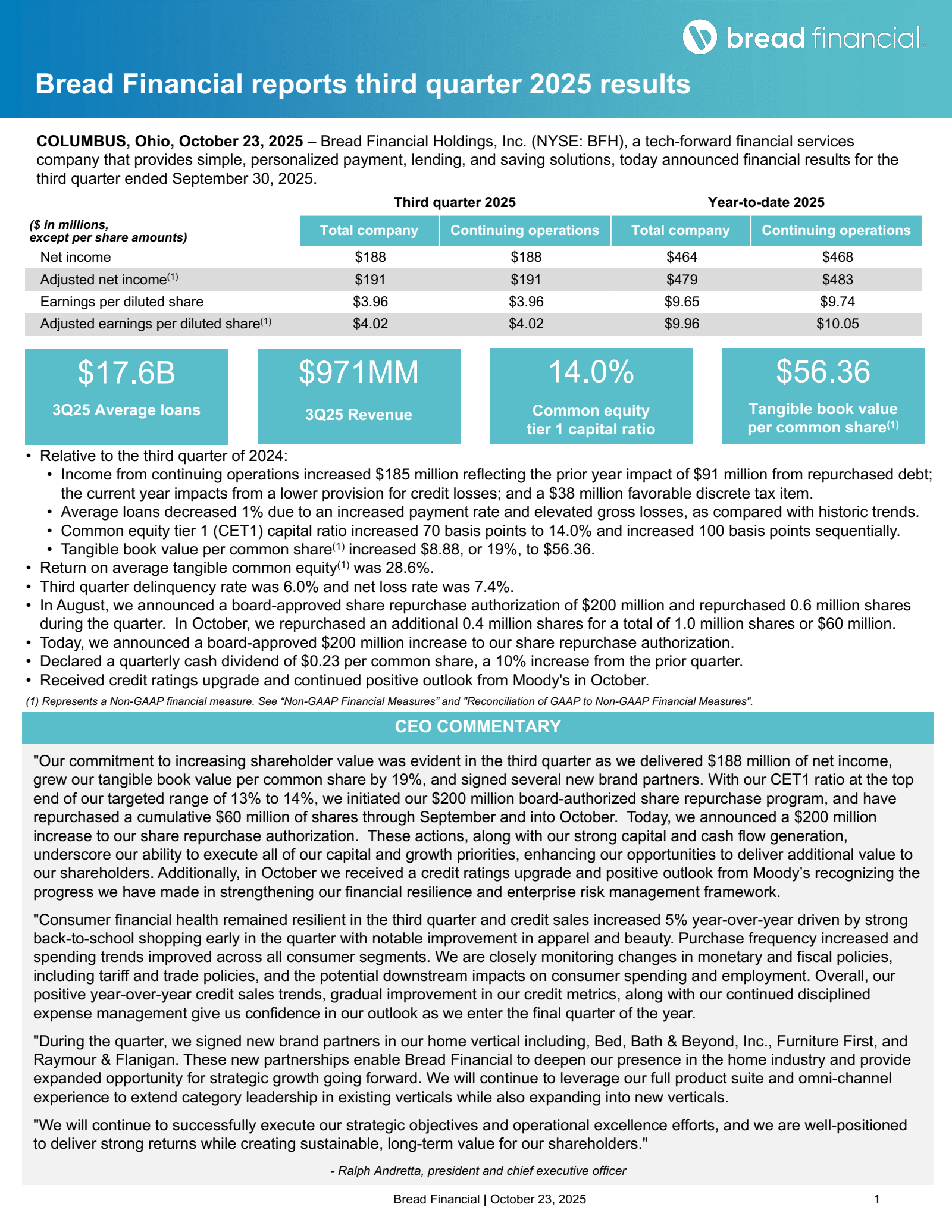 Bread Financial's Q3 2025 Earnings Release