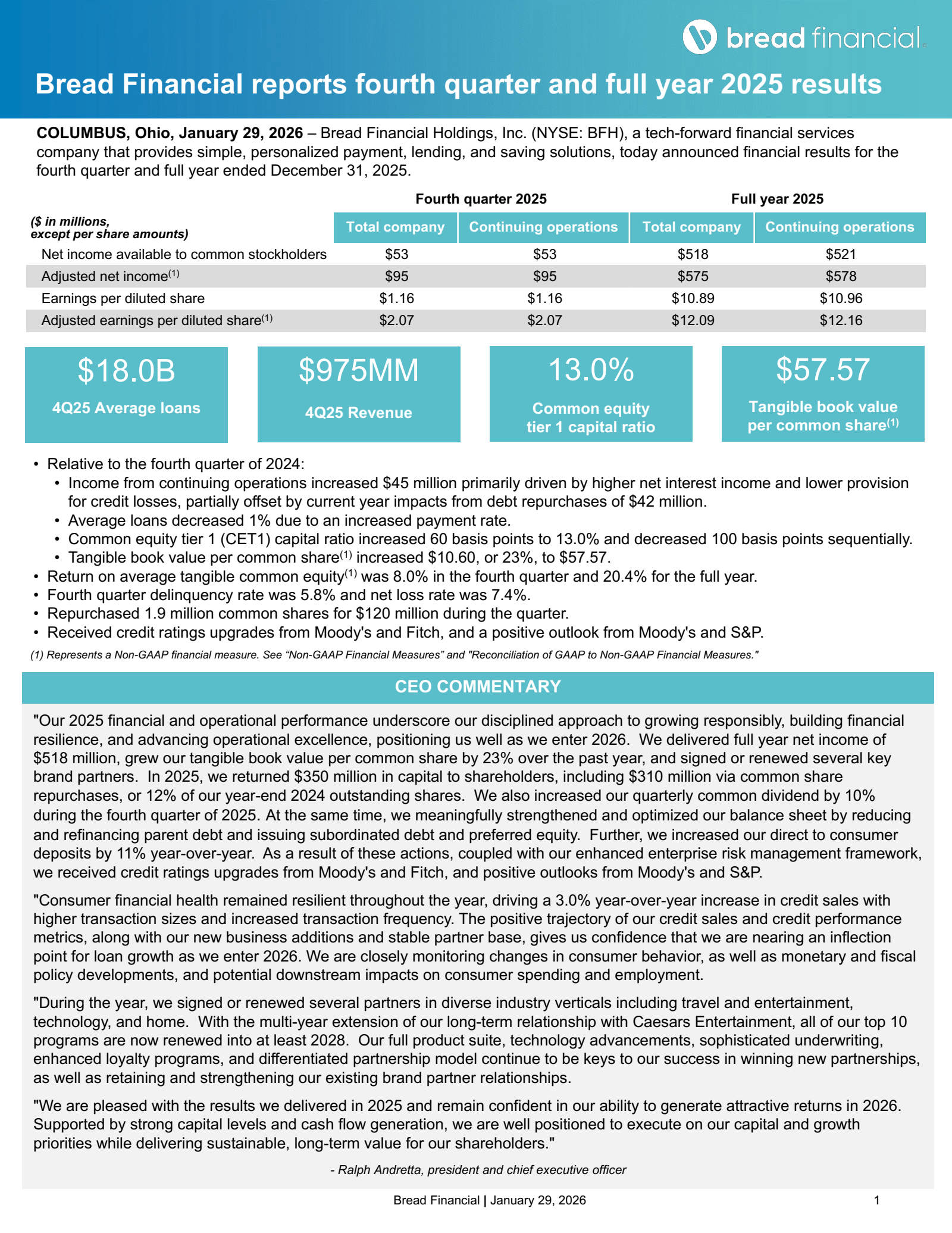 Bread Financial's Q4 2025 Press Release