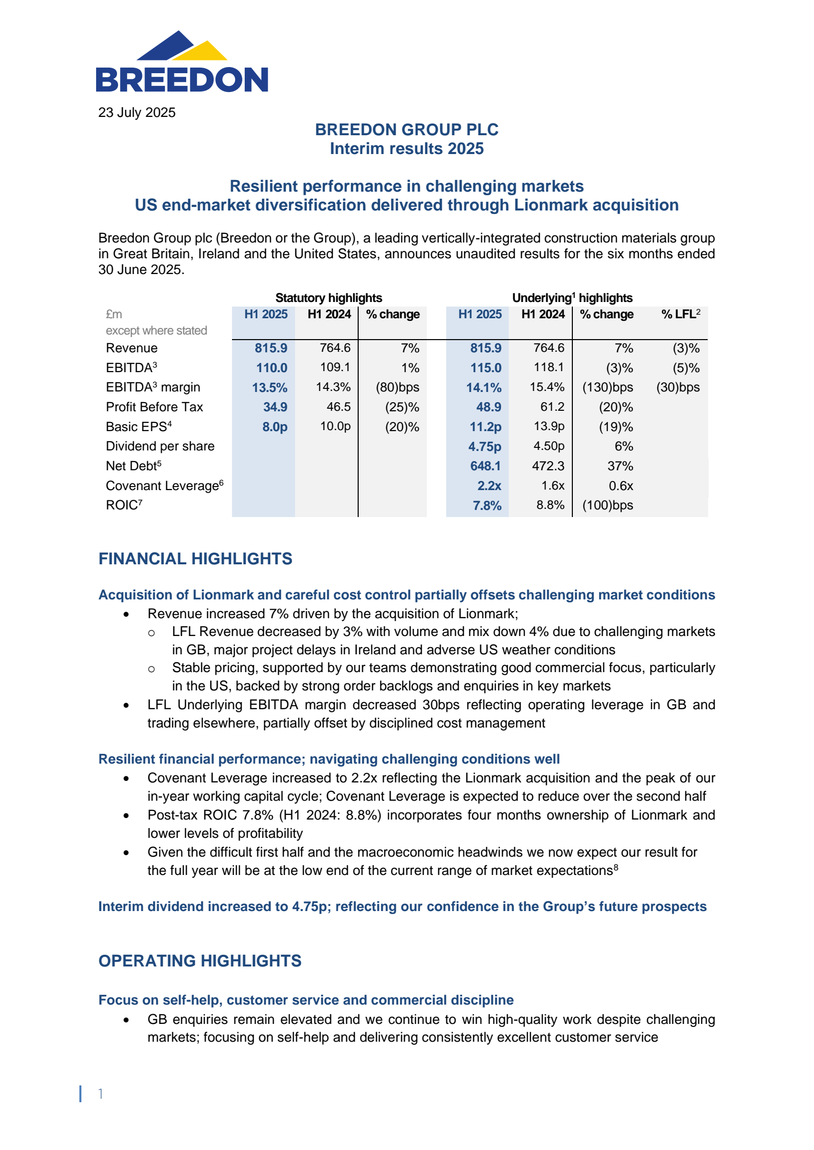Breedon Group's H1 2025 Interim report