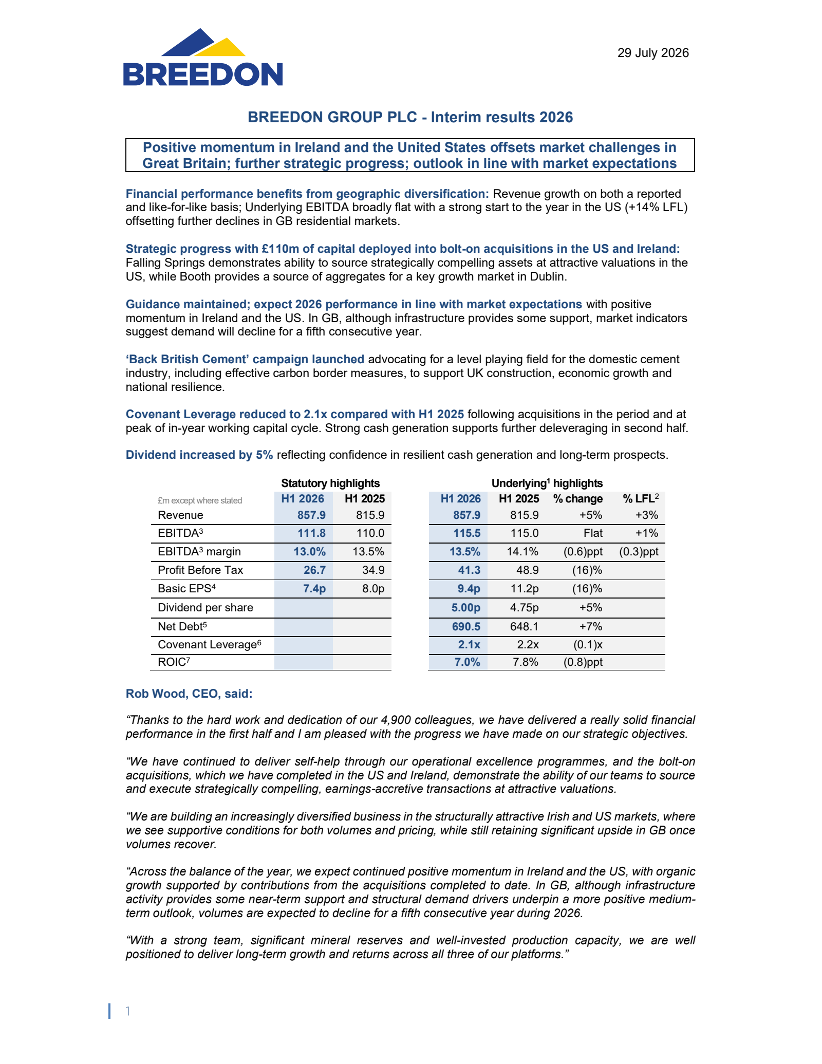 Breedon Group's H1 2026 Interim report