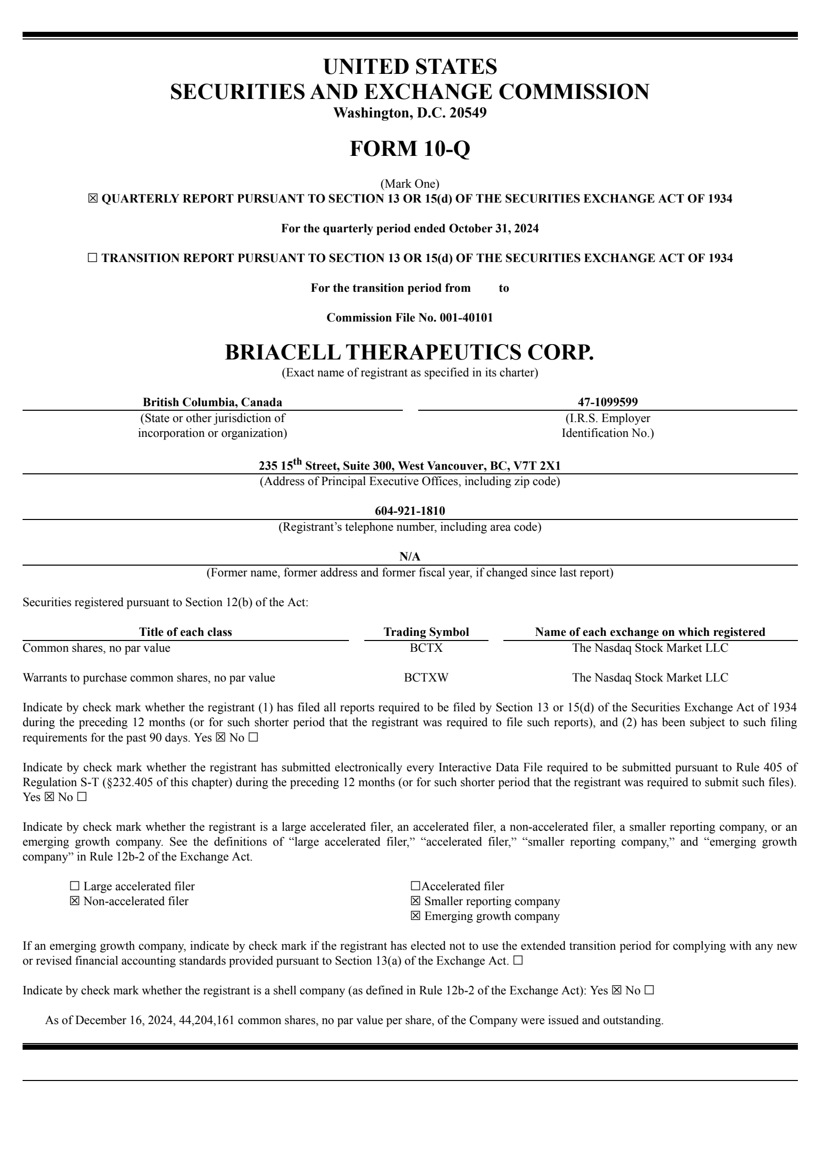 Briacell Therap's Q1 2025 Quarterly report