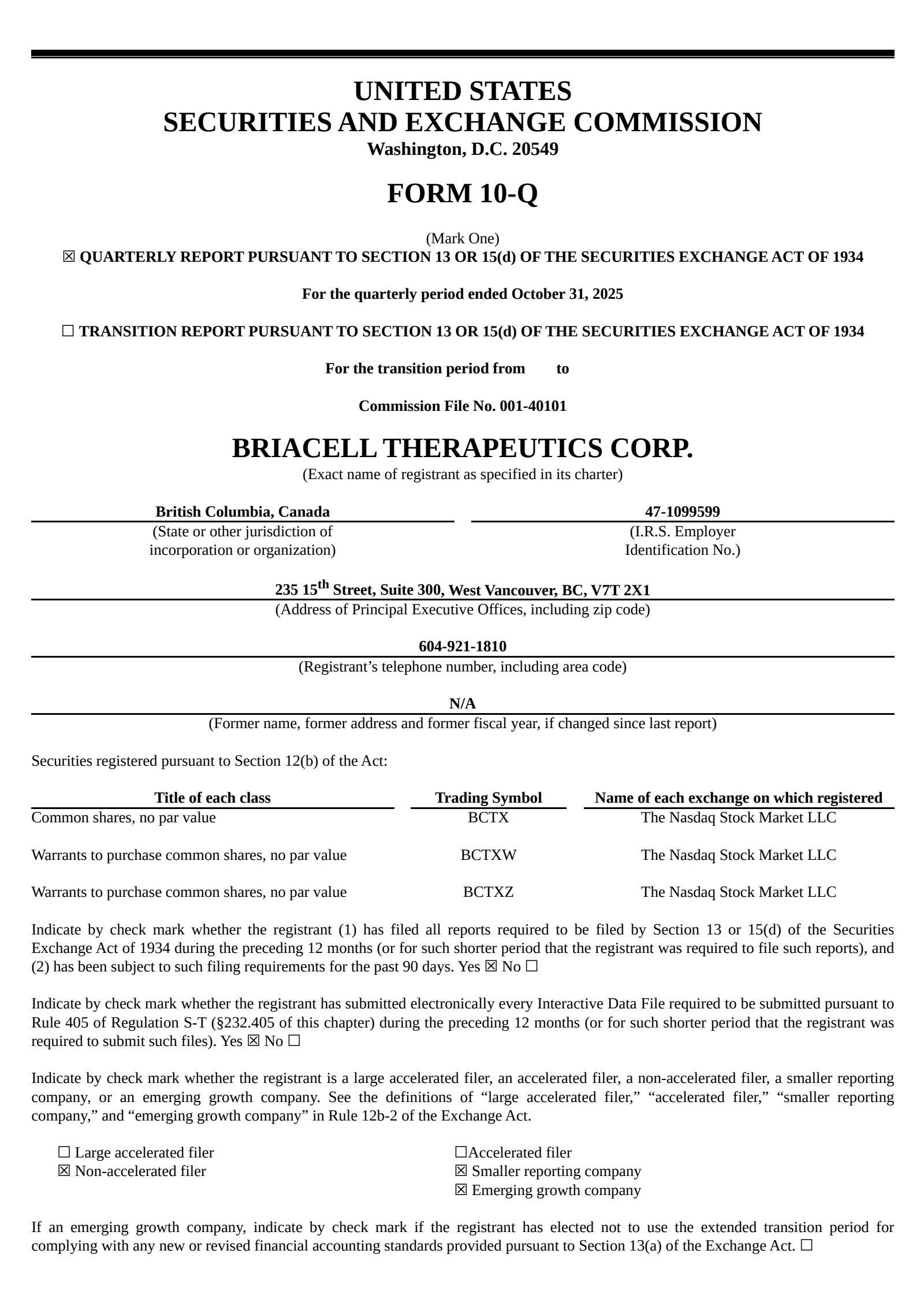 Briacell Therap's Q1 2026 Quarterly report