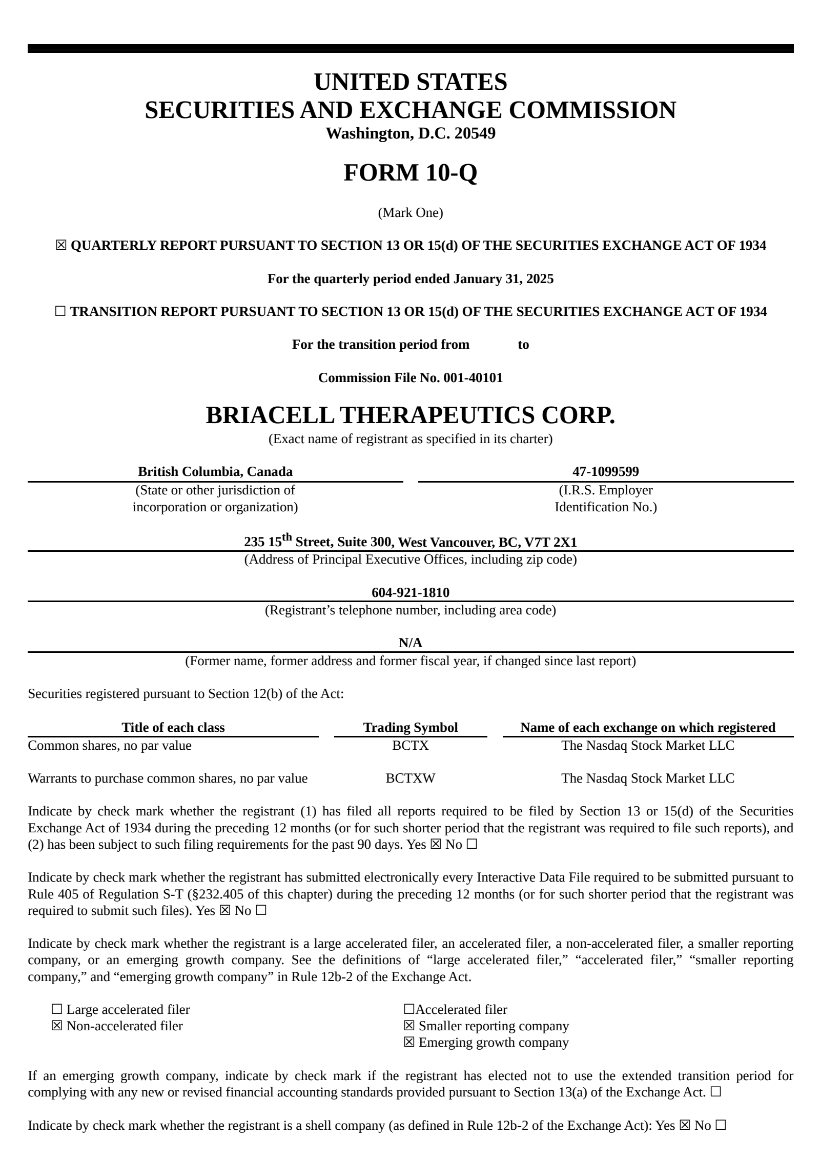 Briacell Therap's Q2 2025 Quarterly report