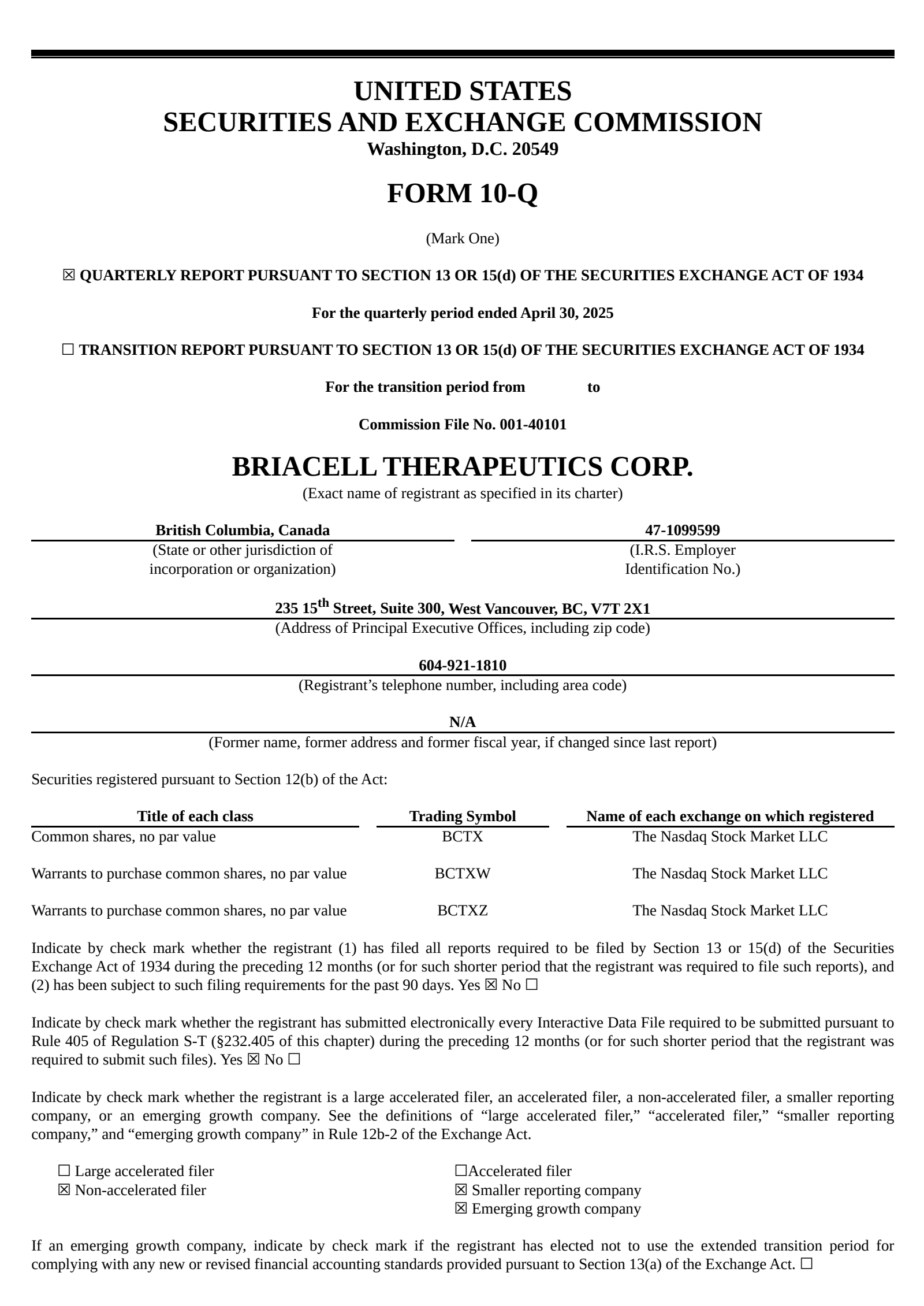 Briacell Therap's Q3 2025 Quarterly report