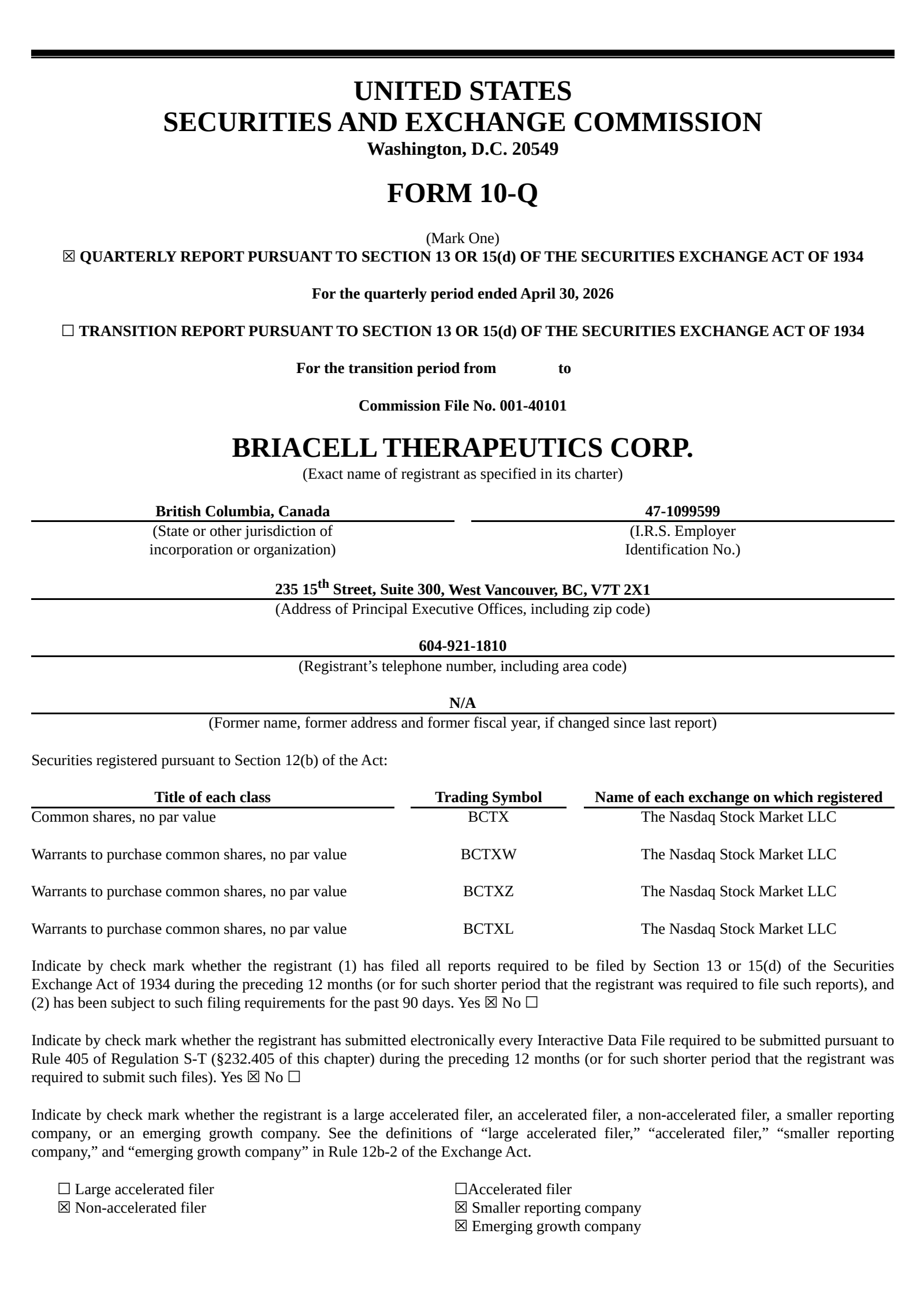 Briacell Therap's Q3 2026 Quarterly report