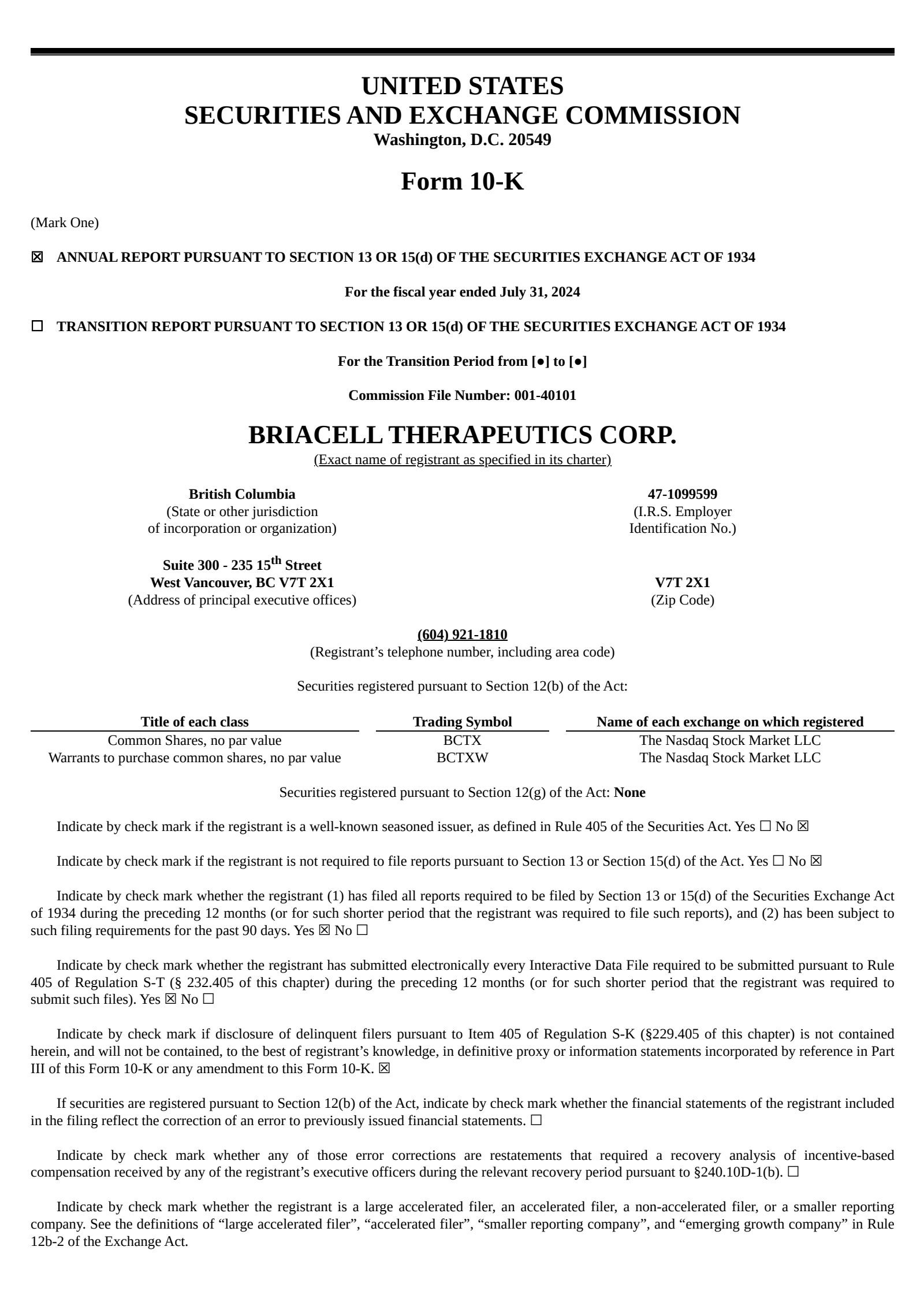 Briacell Therap's Q4 2024 Annual report