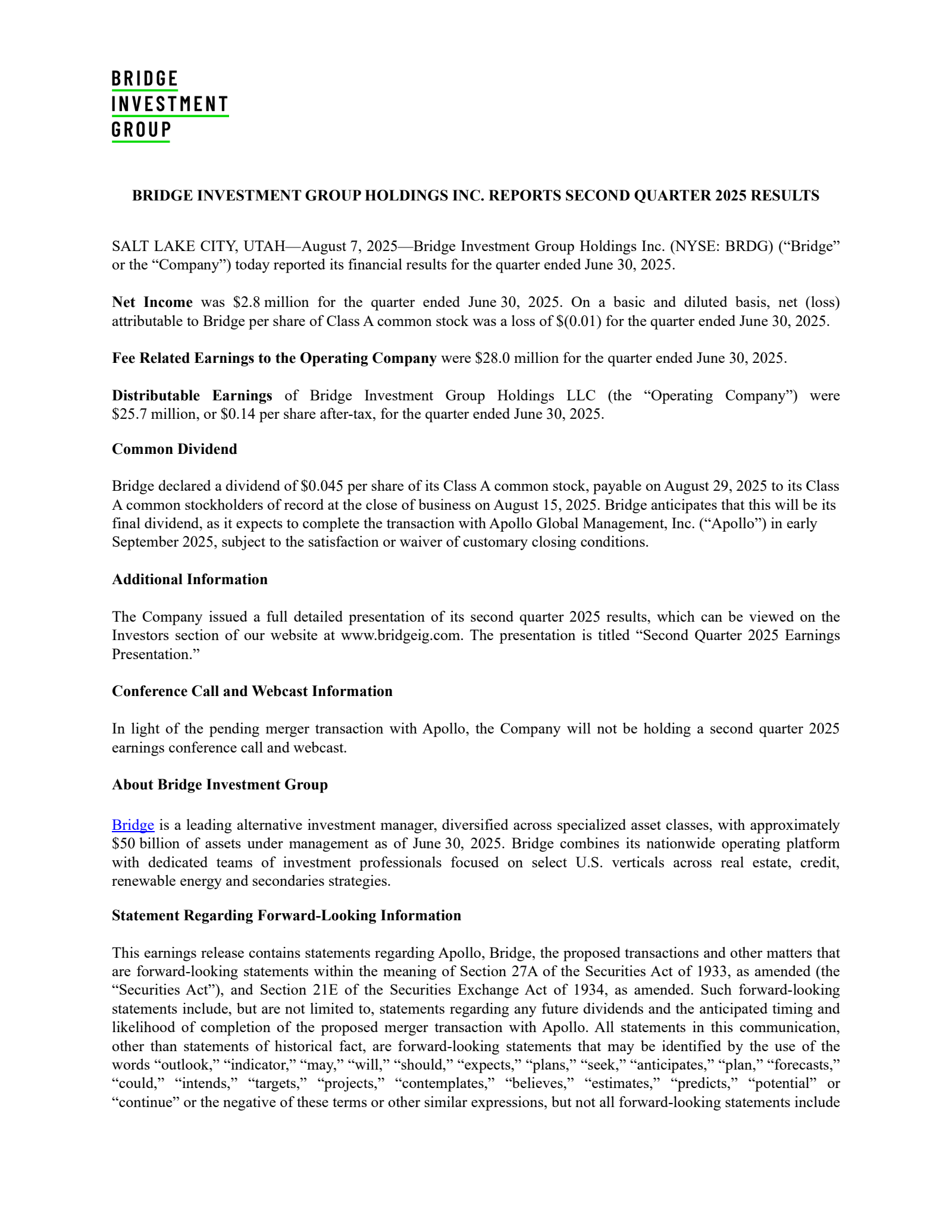 Bridge Investment Group's Q2 2025 Press Release