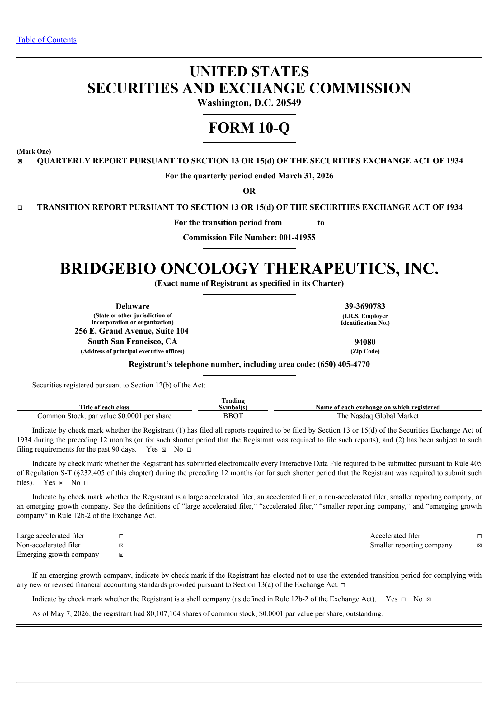 BridgeBio Oncology Therapeutics' Q1 2026 Quarterly report