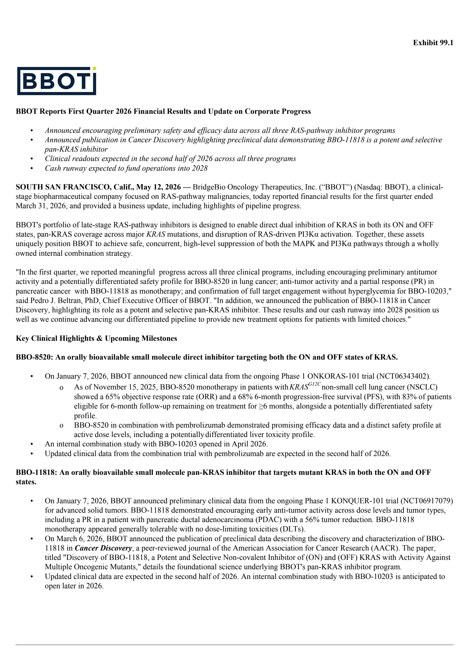 BridgeBio Oncology Therapeutics' Q1 2026 Press Release