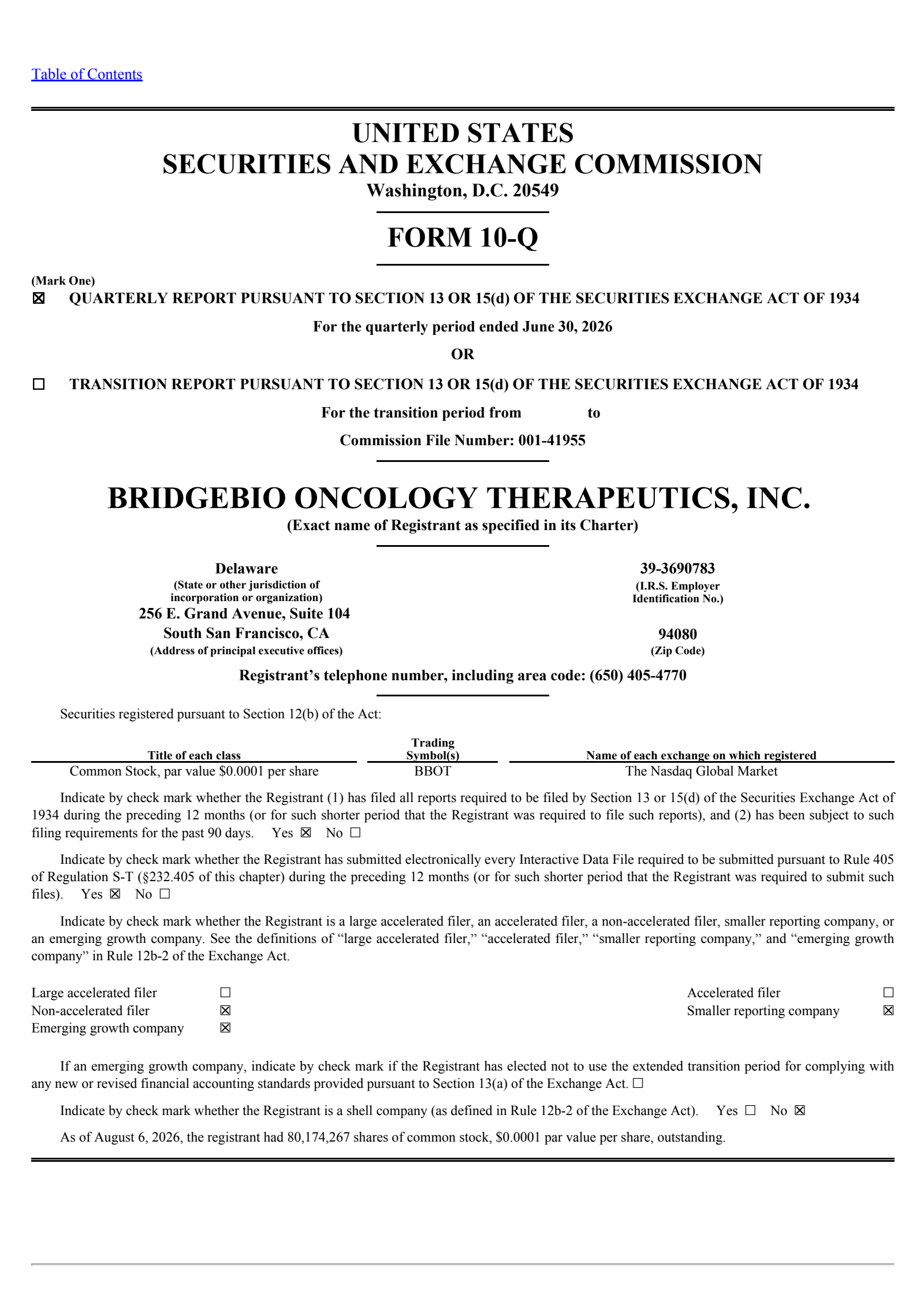 BridgeBio Oncology Therapeutics' Q2 2026 Quarterly report