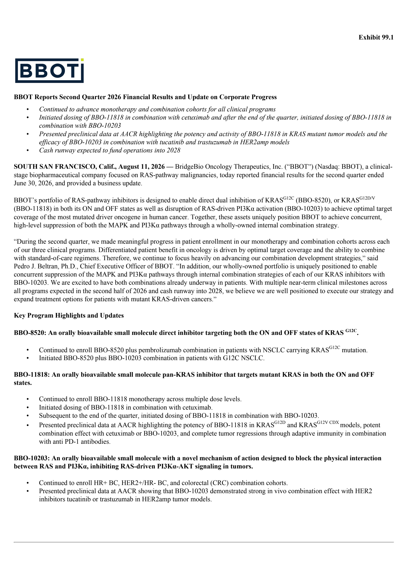 BridgeBio Oncology Therapeutics' Q2 2026 Press Release