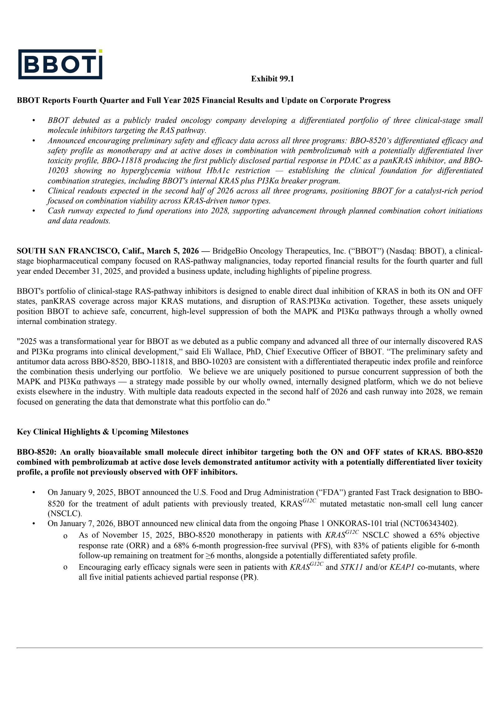 BridgeBio Oncology Therapeutics' Q4 2025 Press Release