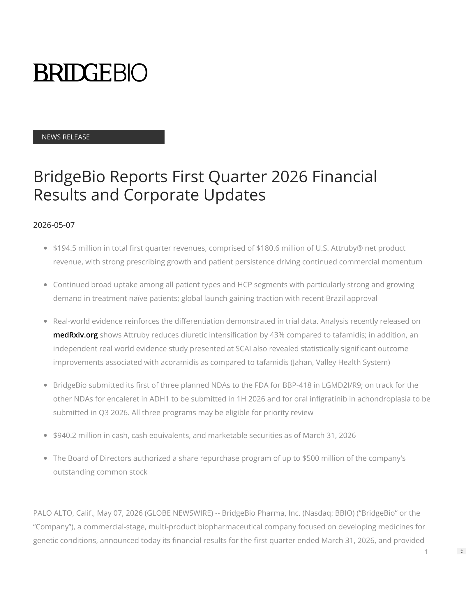 BridgeBio Pharma's Q1 2026 Press Release