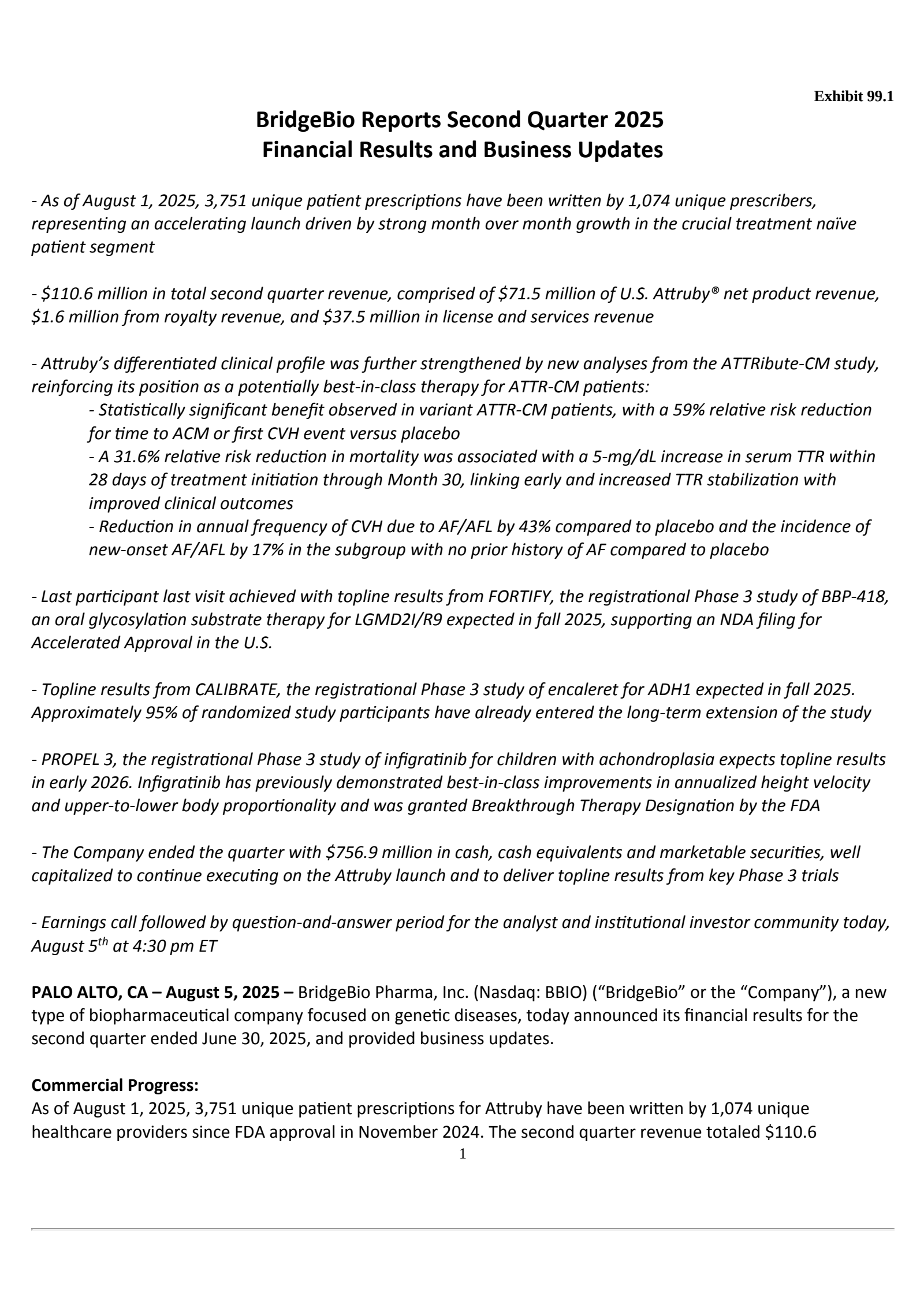 BridgeBio Pharma's Q2 2025 Press Release