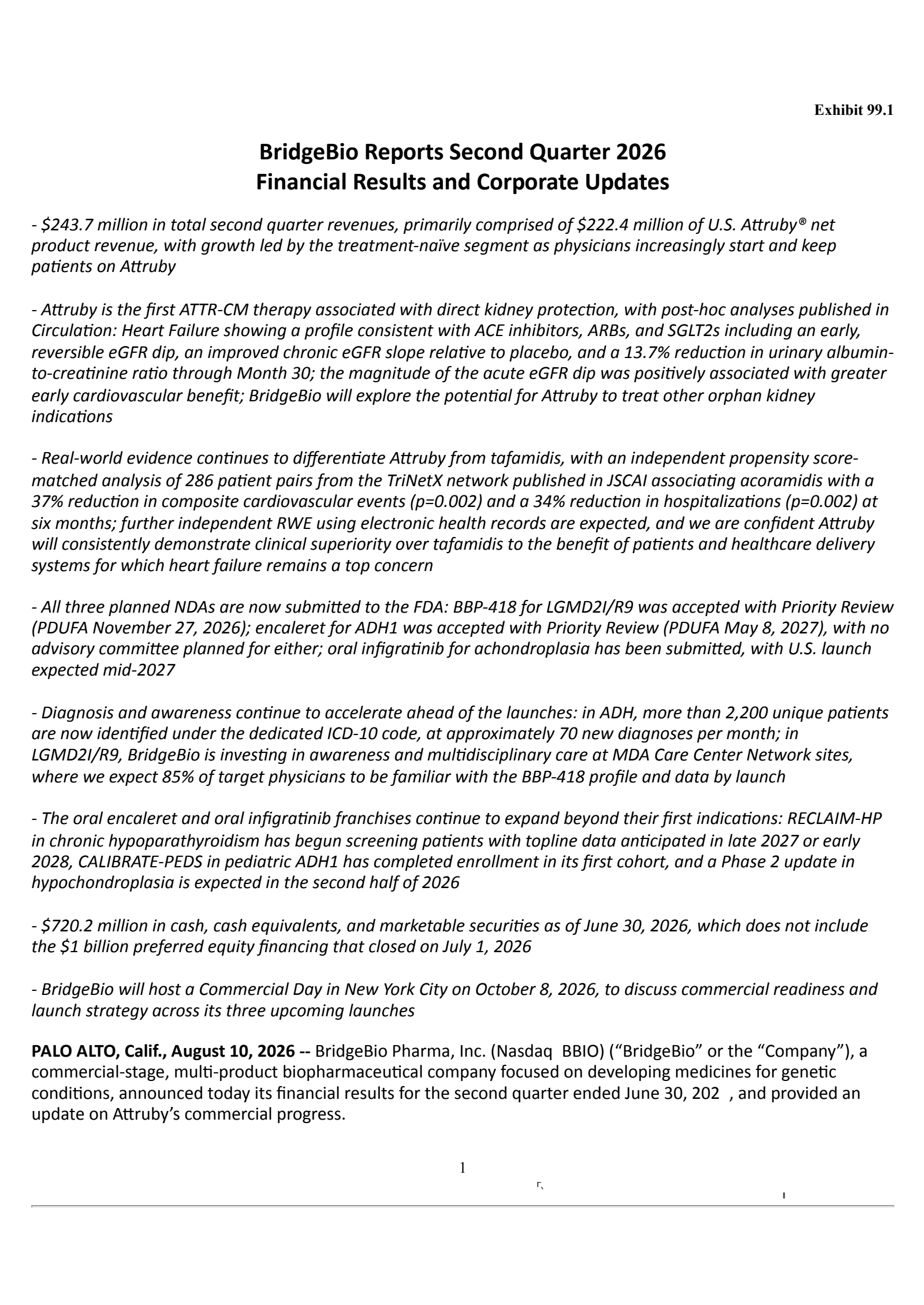 BridgeBio Pharma's Q2 2026 Press Release