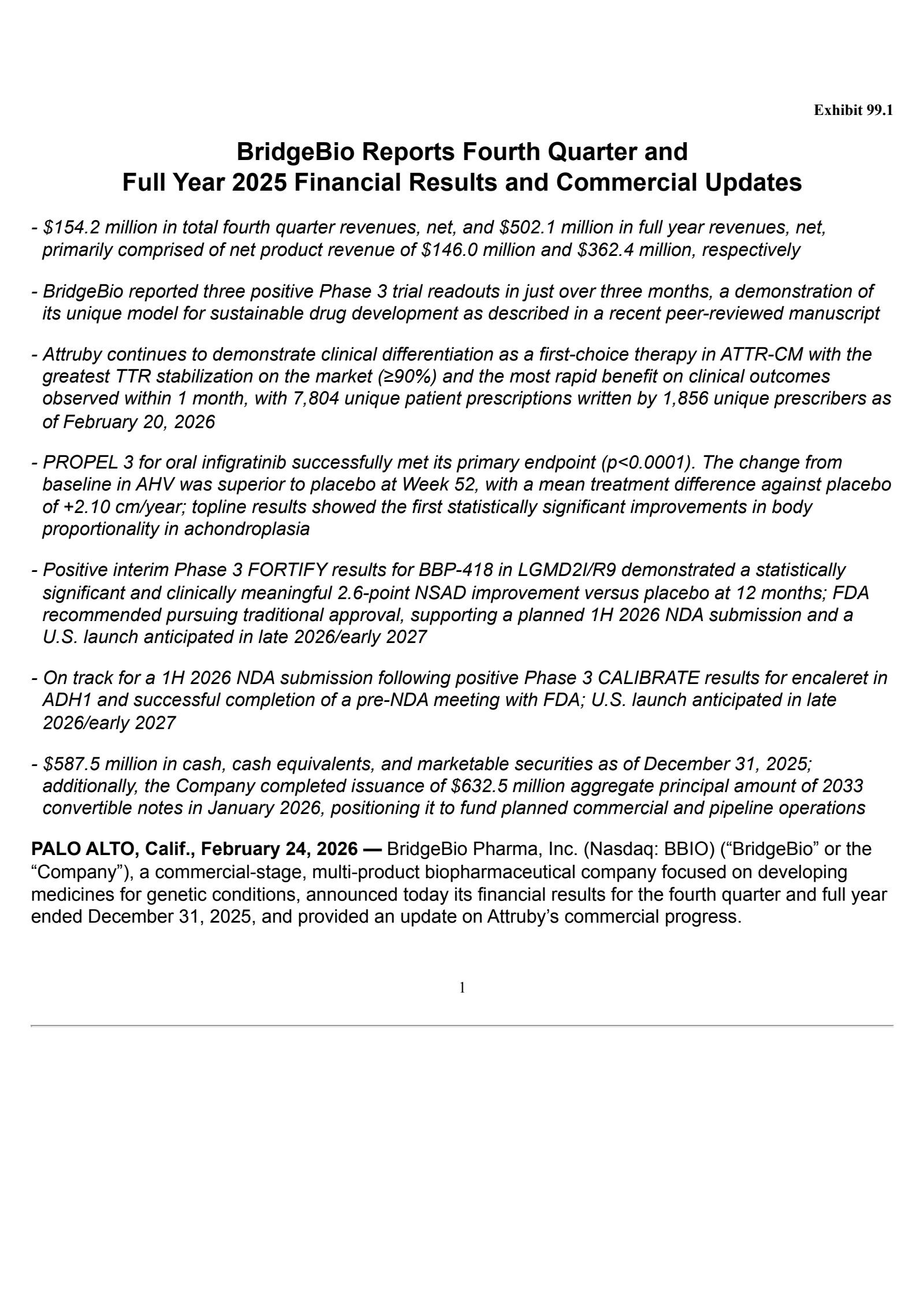 BridgeBio Pharma's Q4 2025 Press Release
