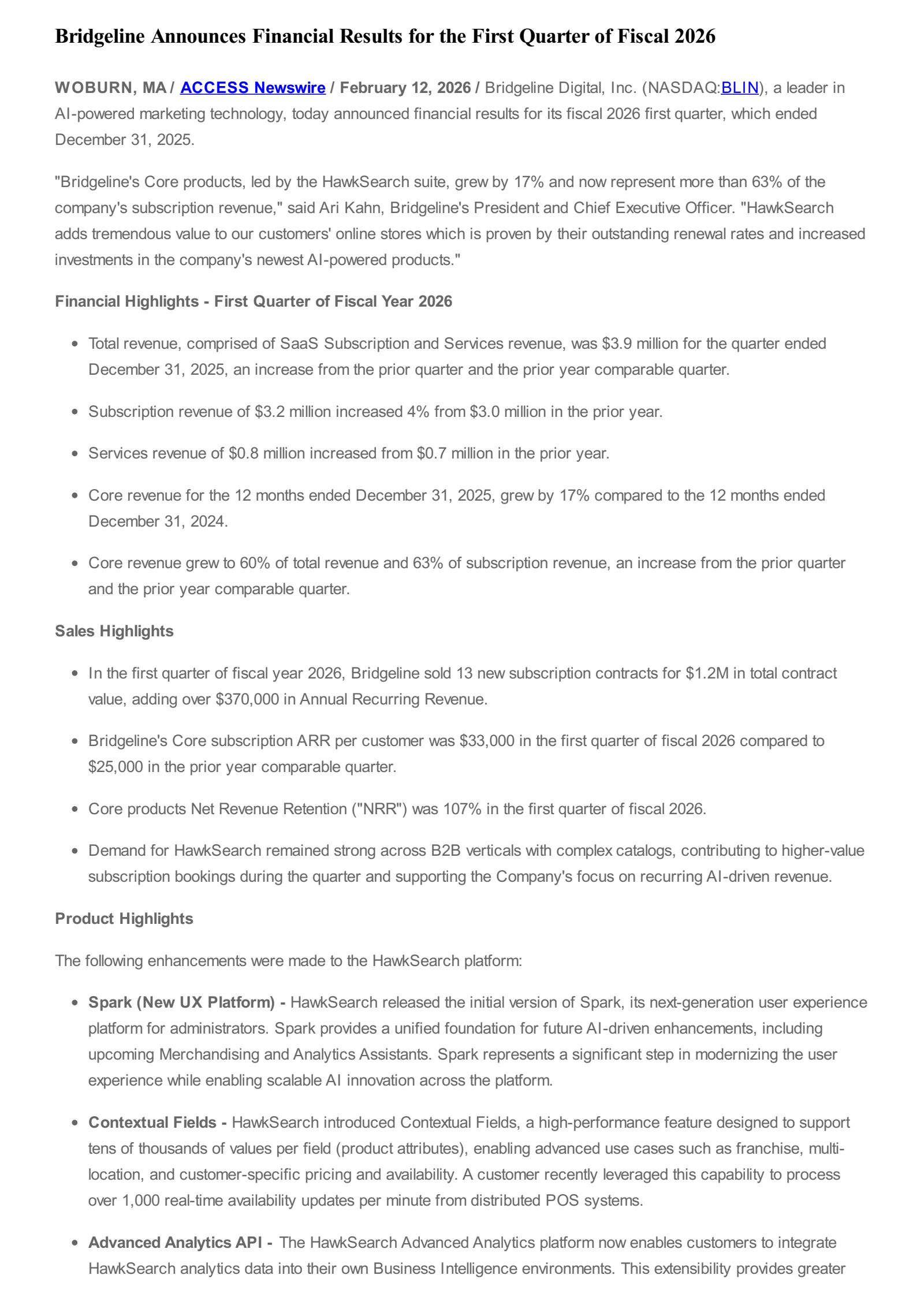 Bridgeline Digital's Q1 2026 Press Release