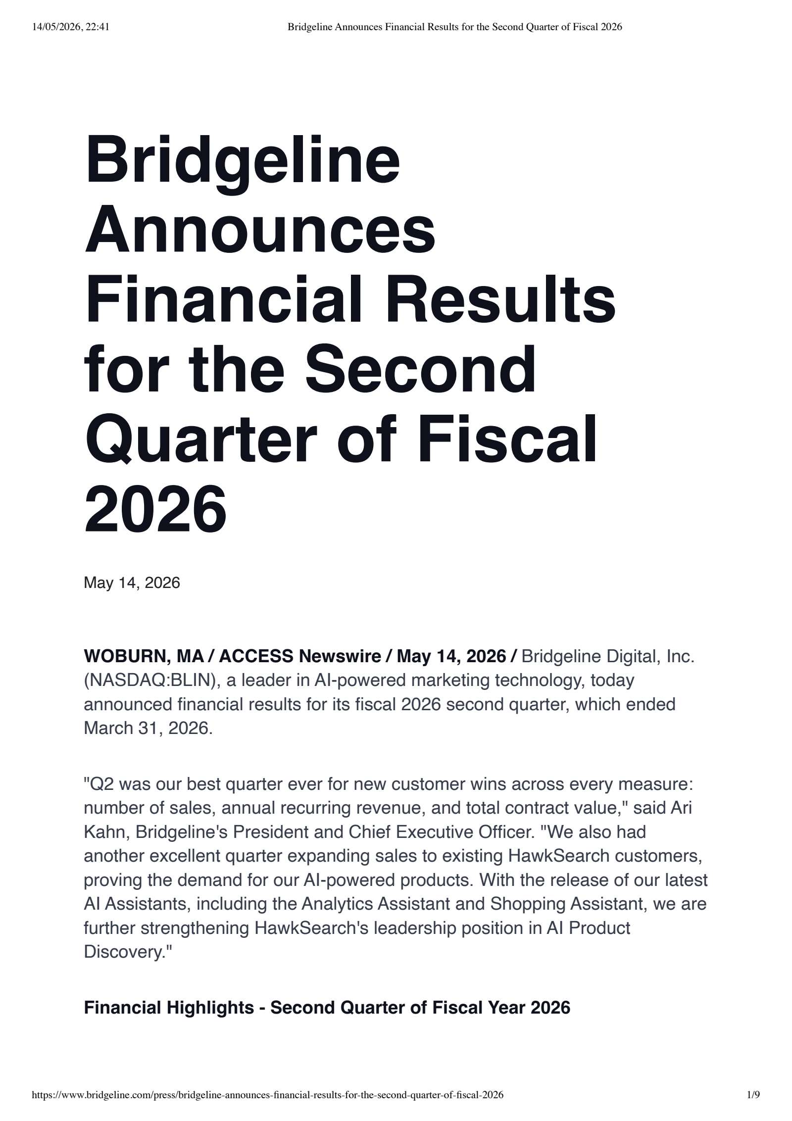 Bridgeline Digital's Q2 2026 Press Release