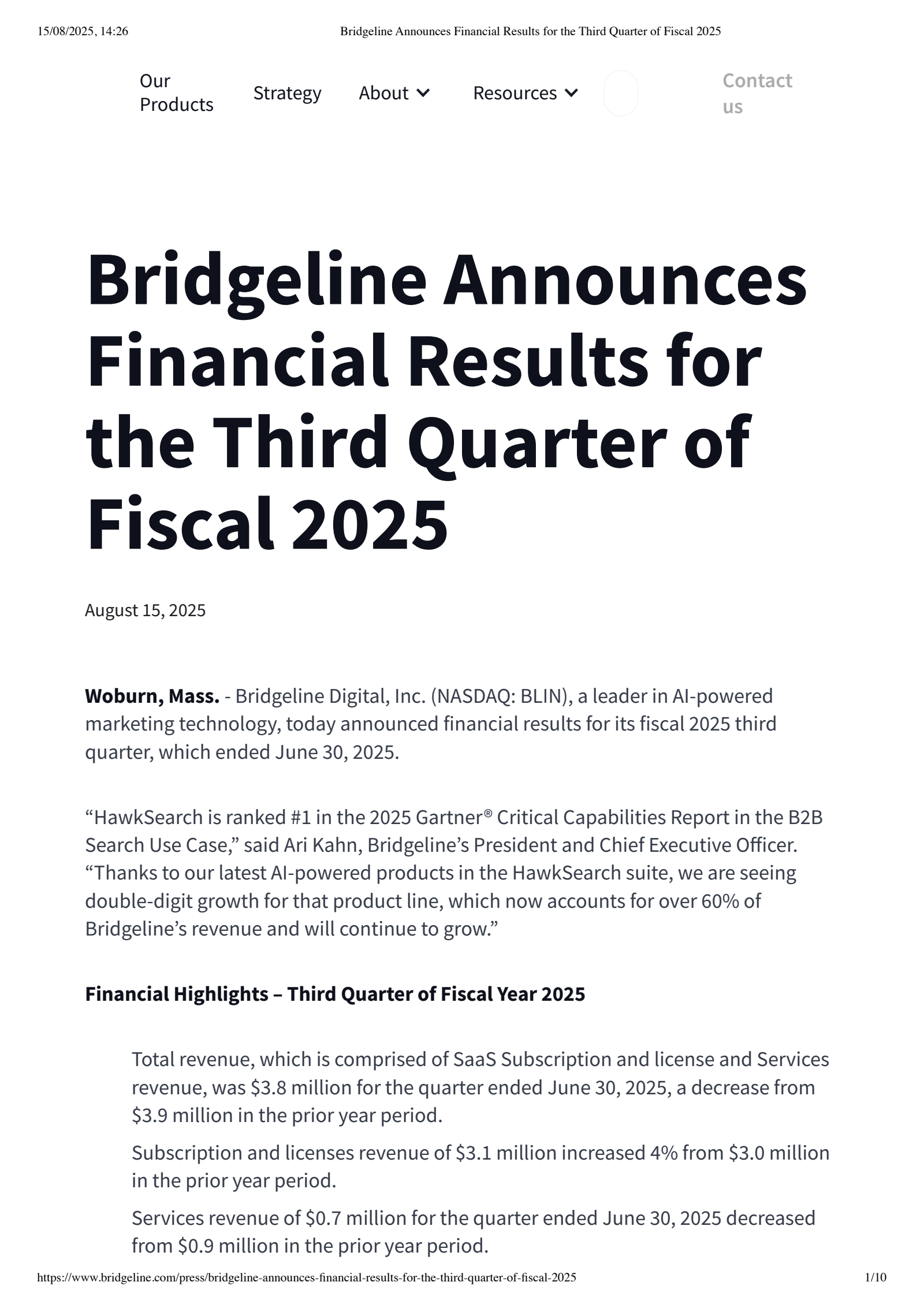 Bridgeline Digital's Q3 2025 Press Release
