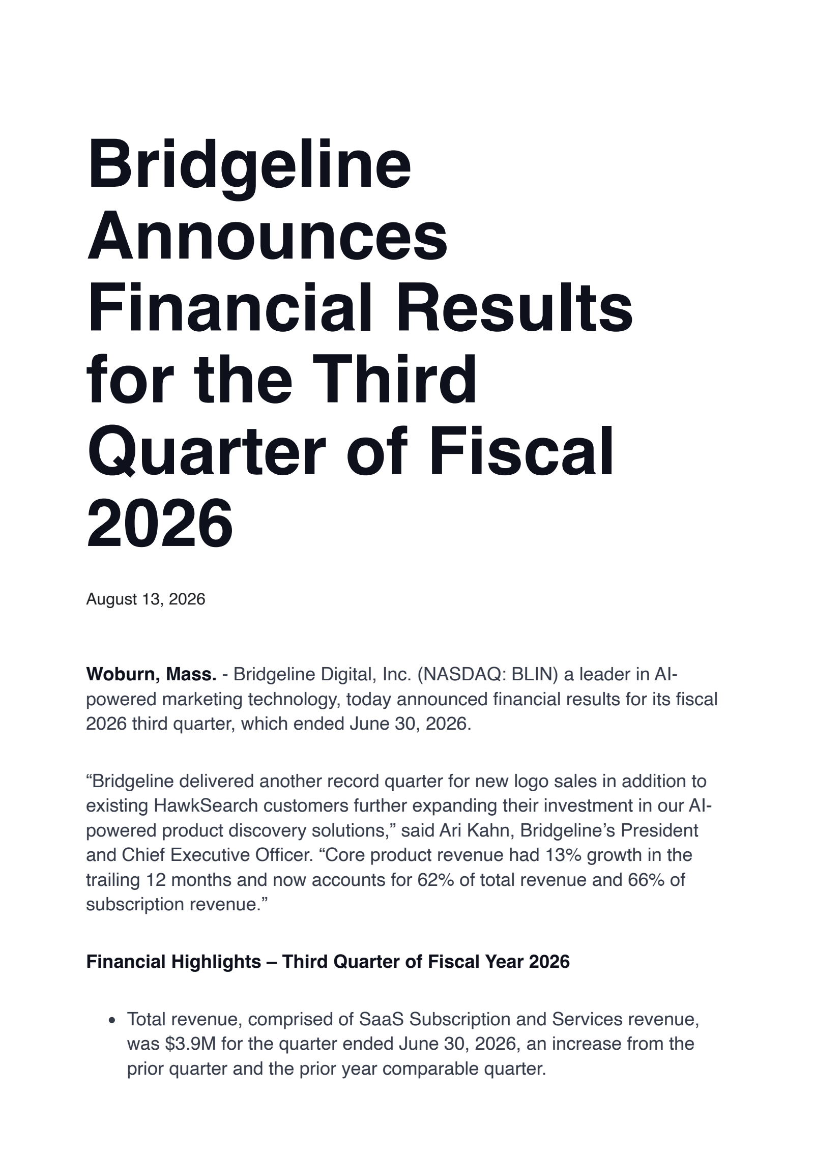 Bridgeline Digital's Q3 2026 Press Release
