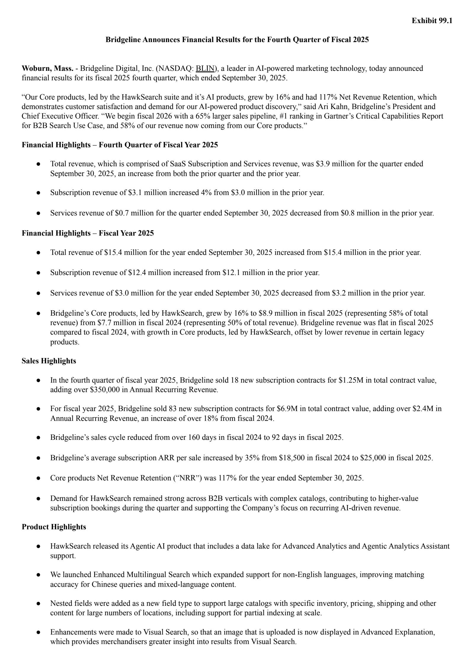 Bridgeline Digital's Q4 2025 Earnings Release