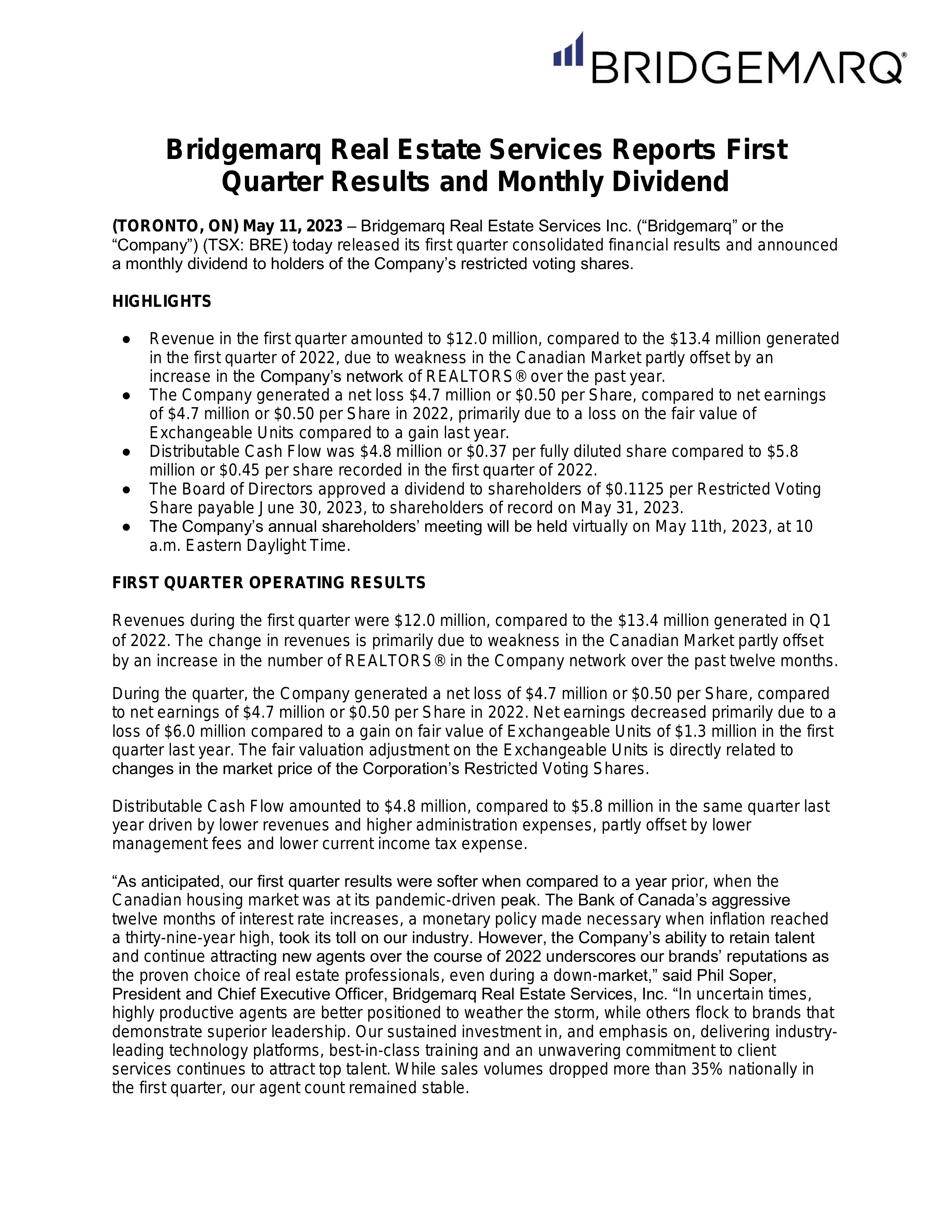 Bridgemarq Real Estate Services' Q1 & AGM 2023 Interim report
