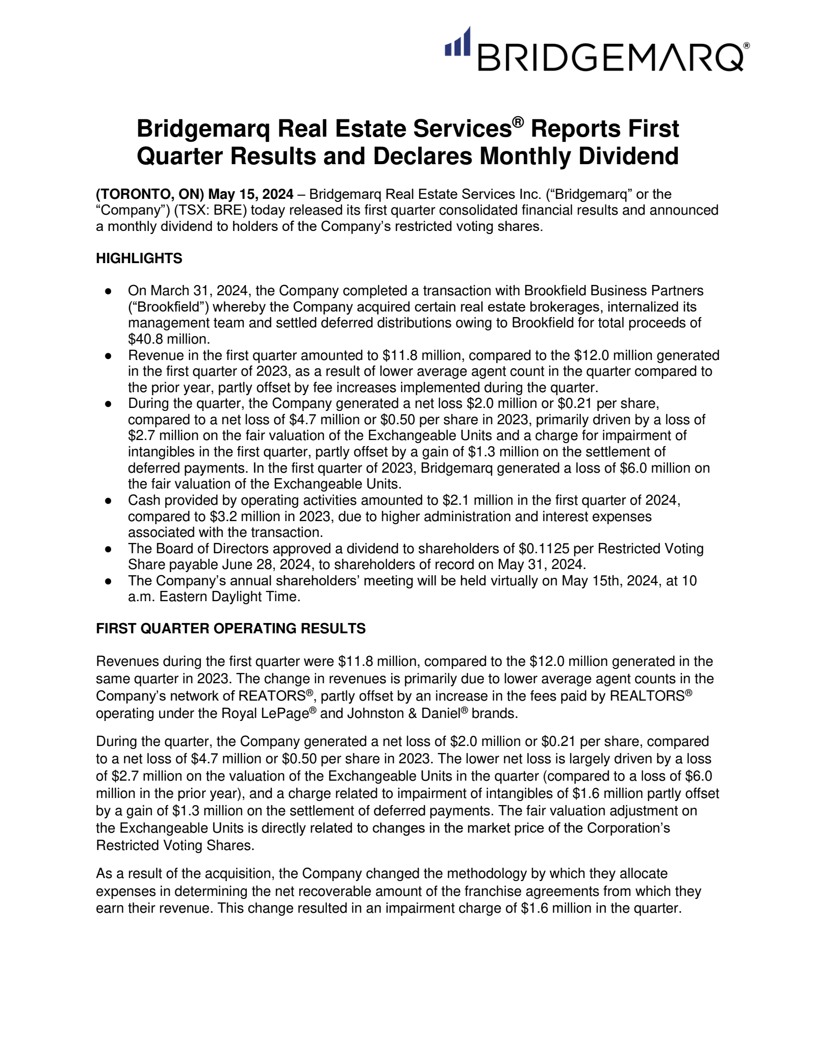 Bridgemarq Real Estate Services' Q1 & AGM 2024 Press Release