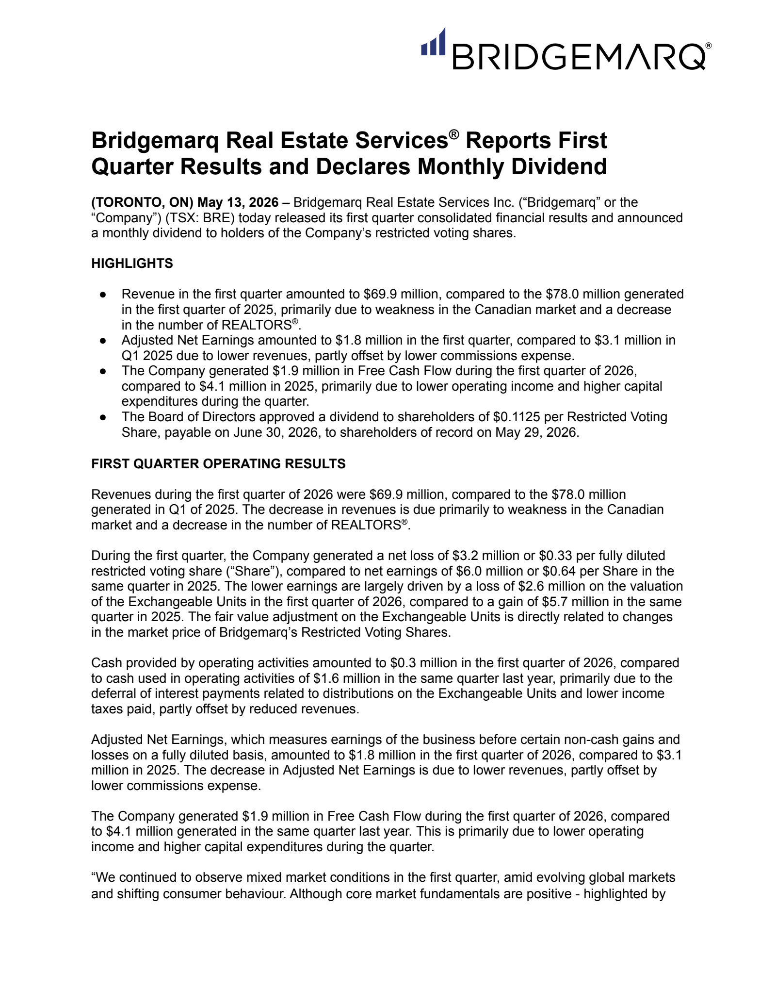 Bridgemarq Real Estate Services' Q1 2026 Press Release